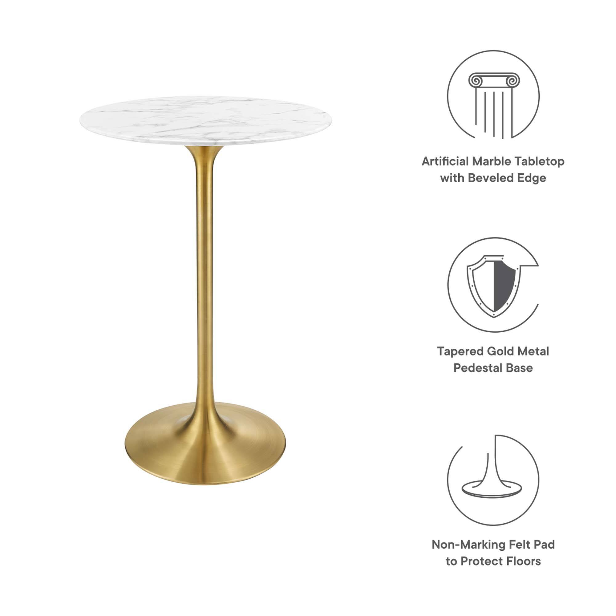 Artificial Marble Tabletop with Beveled Edge

Tapered Gold Metal Pedestal Base

Non-Marking Felt Pad to Protect Floors