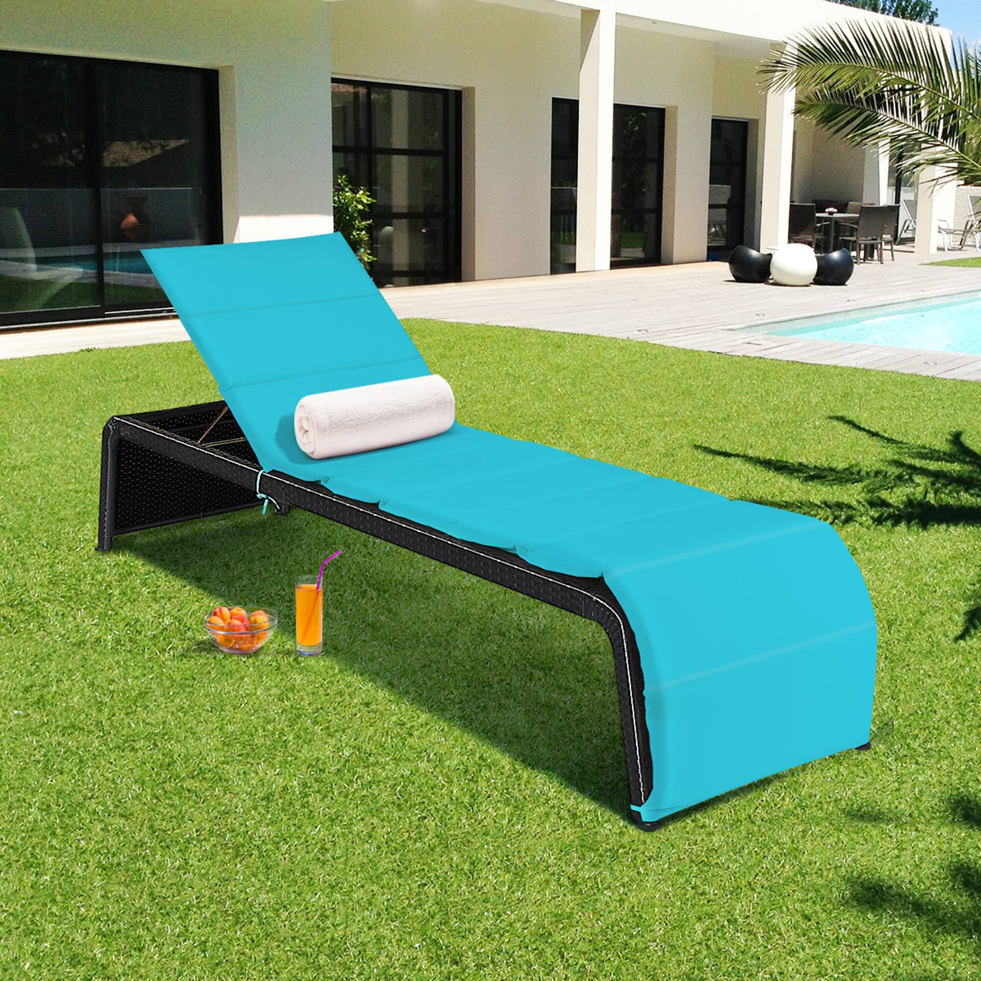 Alt View 3. Gymax - Gymax Set of 2 Adjustable Rattan Patio Recliner Chaise Lounge Chair w/ Turquoise Cushion - Turquoise.