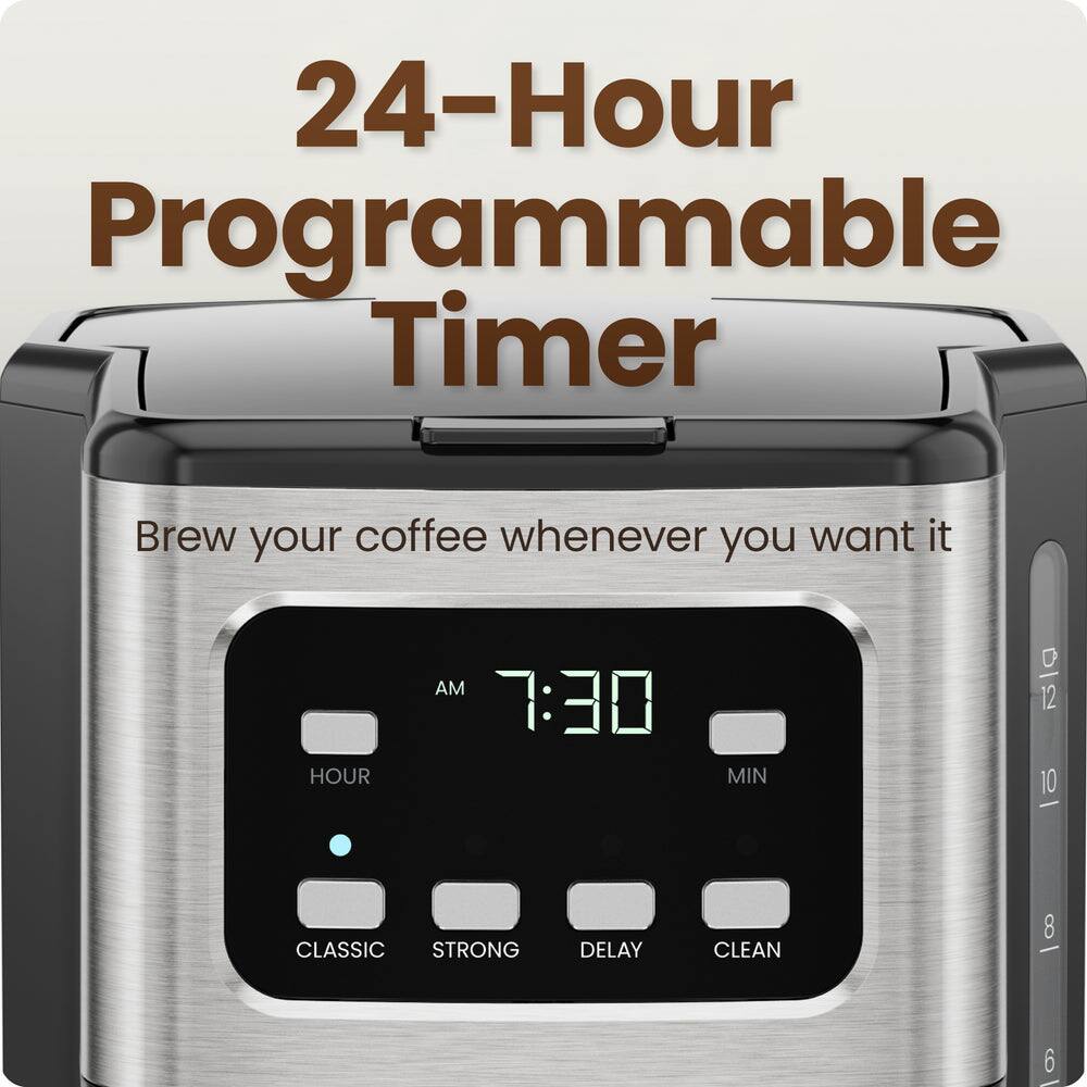 24-Hour Programmable Timer  
Brew your coffee whenever you want it  

HOUR AM 7:30  
MIN 12 10  
CLASSIC STRONG  
DELAY CLEAN  
8 6