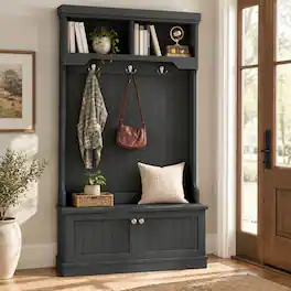 RYHNUYNE - 4-in-1 Hall Tree, Storage Shoe Bench, Coat Rack with Hooks, Entryway Organizer - Black