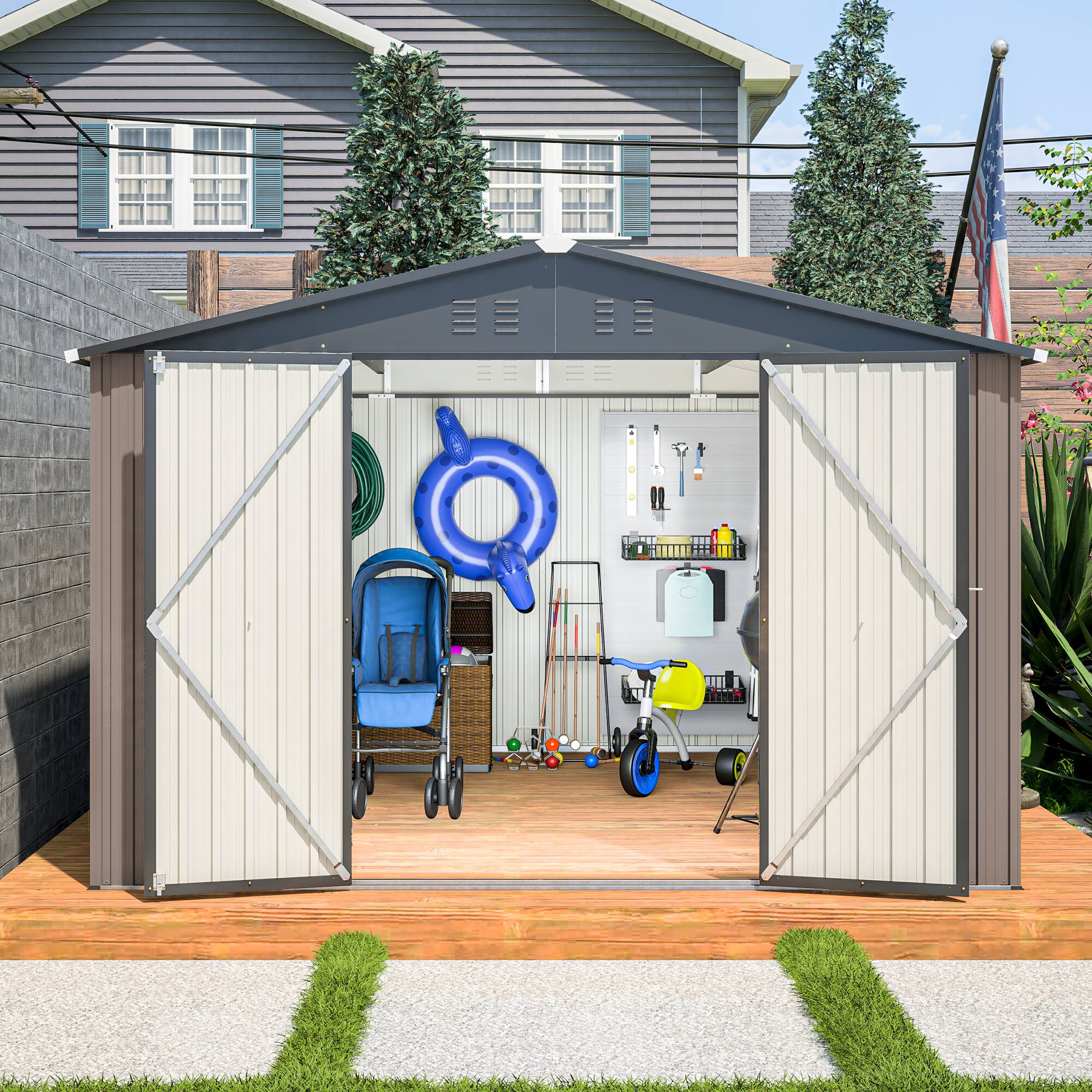 Angle. Mondawe - 10x10 FT Metal Storage Shed with Lockable Doors - Brown.