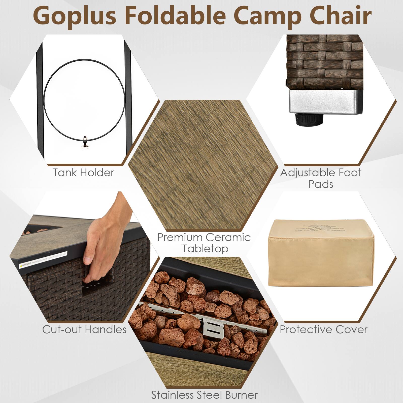 Goplus Foldable Camp Chair
- Tank Holder
- Adjustable Foot Pads
- Premium Ceramic Tabletop
- Cut-out Handles
- Protective Cover
- Stainless Steel Burner