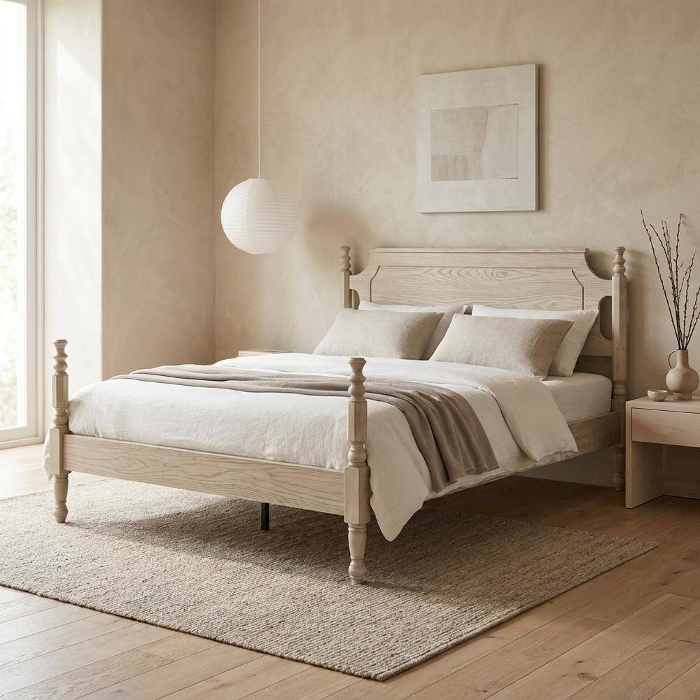 Alt View 2. FurniFact - Solid Wood Platform Bed with Headboard - Driftwood Gray Oak.
