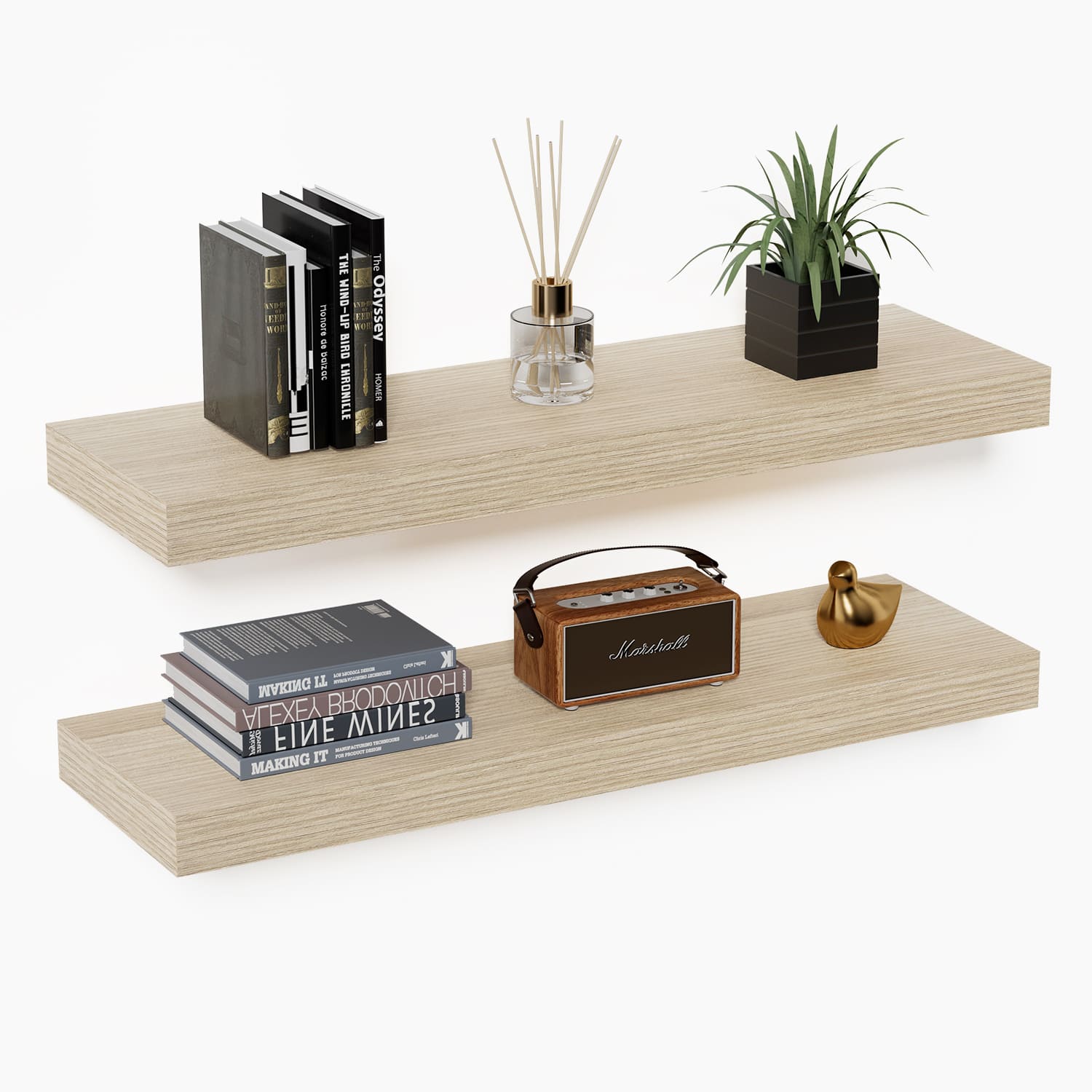 BOMEDA - 2 Pack Floating Shelves for Wall, Wooden Wall Mounted Shelf for Bathroom or Room, Over Toilet Organizer, 24x7x1.5 in - Oak