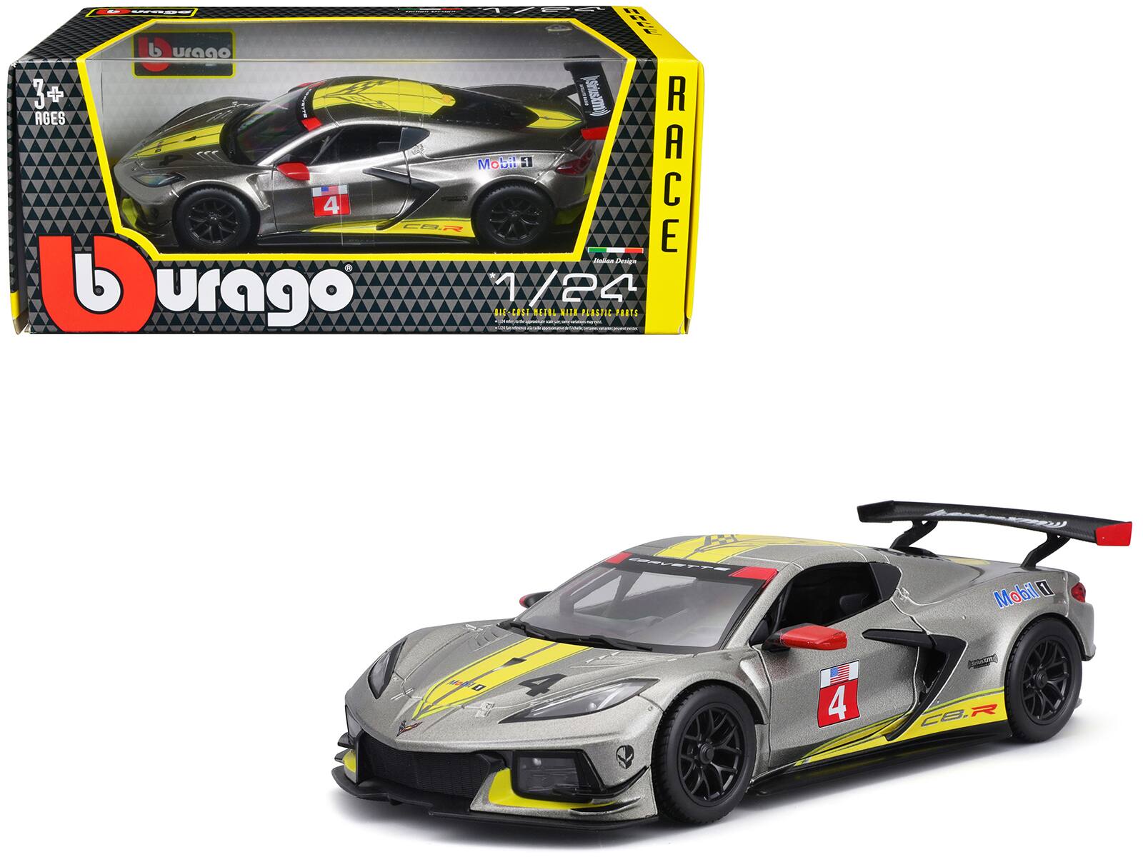 2020 Chevrolet Corvette C8.R #4 Silver Metallic with Yellow Stripes "Race" Series 1/24 Diecast Model Car by Bburago - Silver Metallic and Yellow
