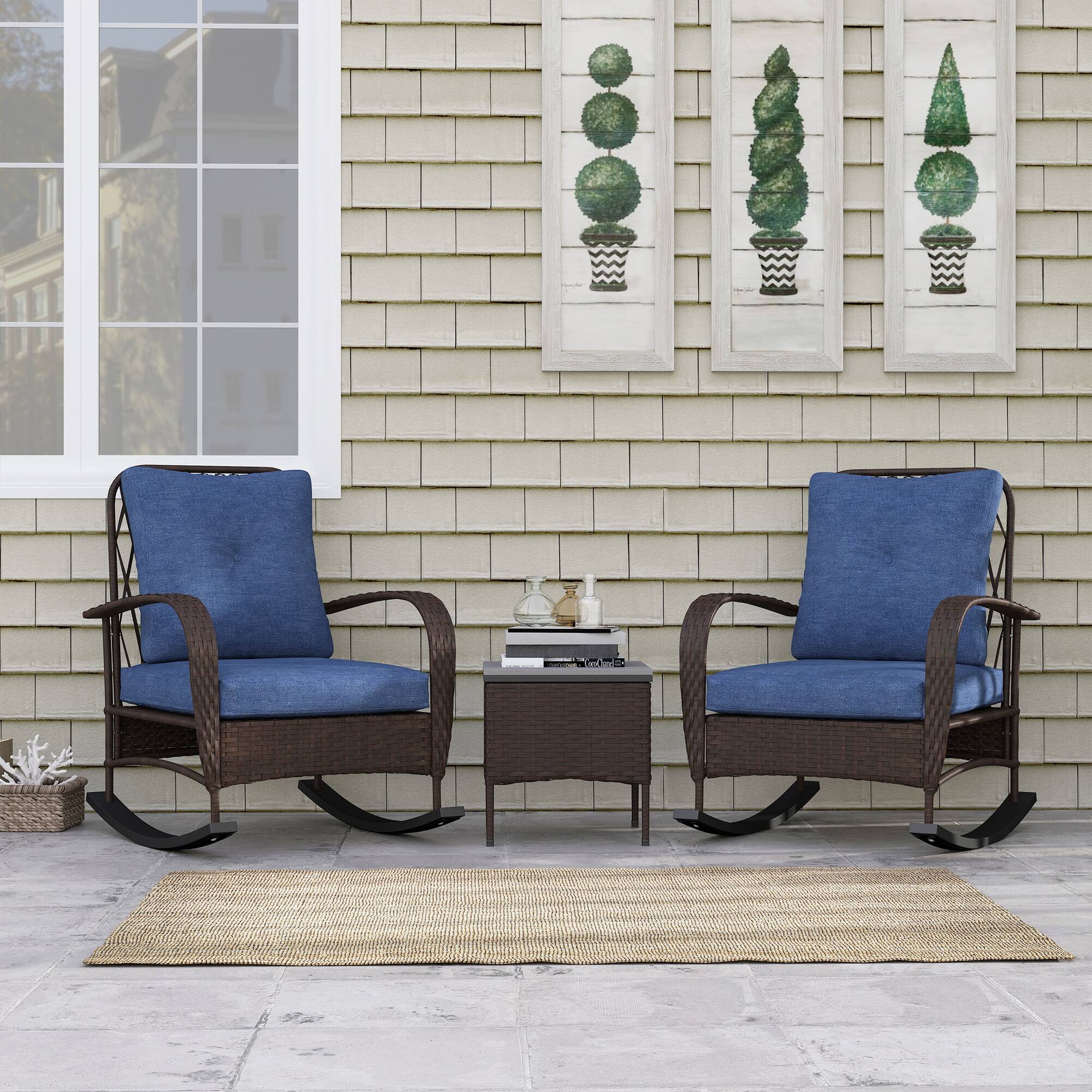 Alt View 8. Outsunny - 3 Piece Wicker Patio Furniture Set, PE Rattan Rocking Chairs with Coffee Table, Cushions, Outdoor Bistro Set for Porch - Brown.