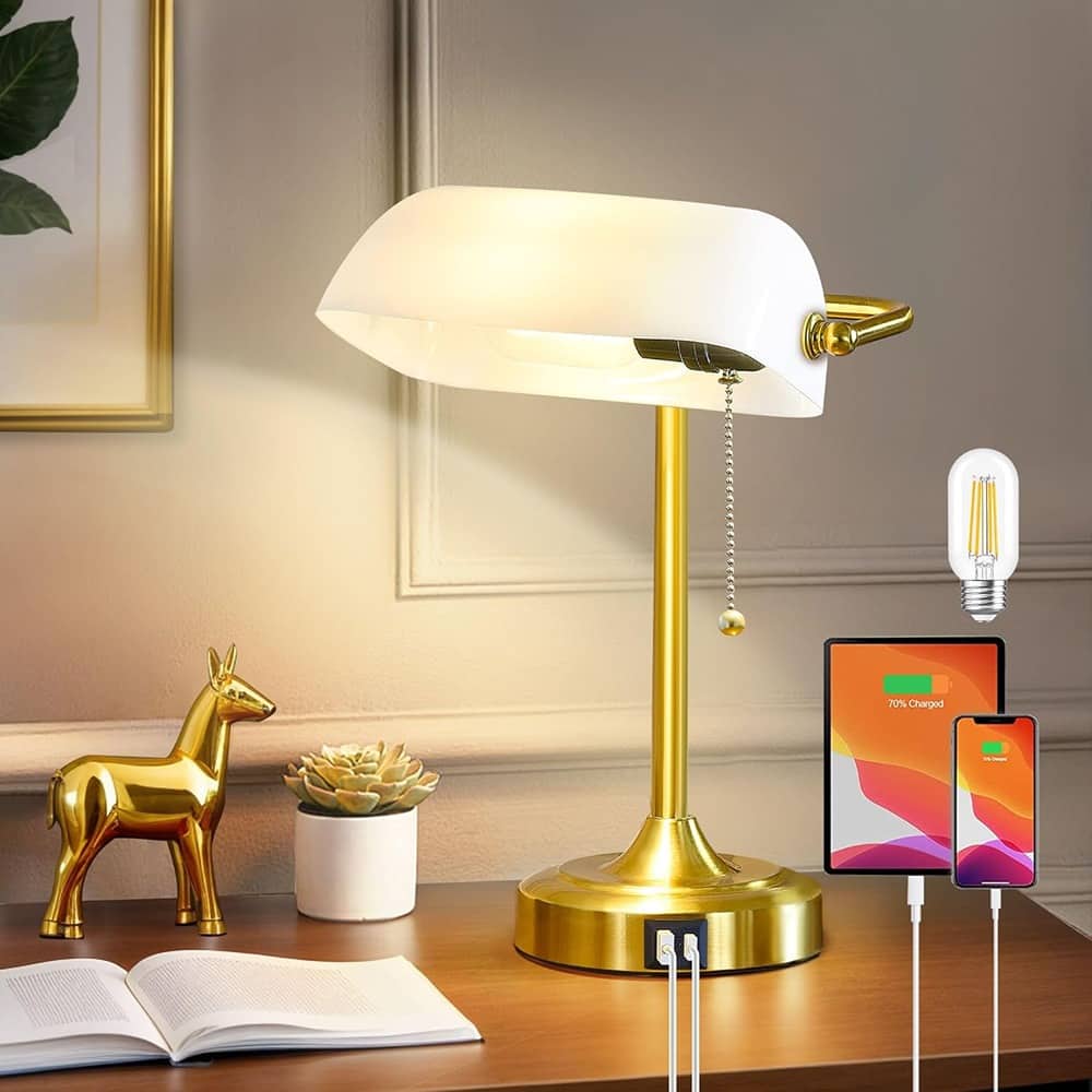 RTMB - Vintage Green Bankers Desk Lamp with USB/Type-C Ports and Pull Chain Switch