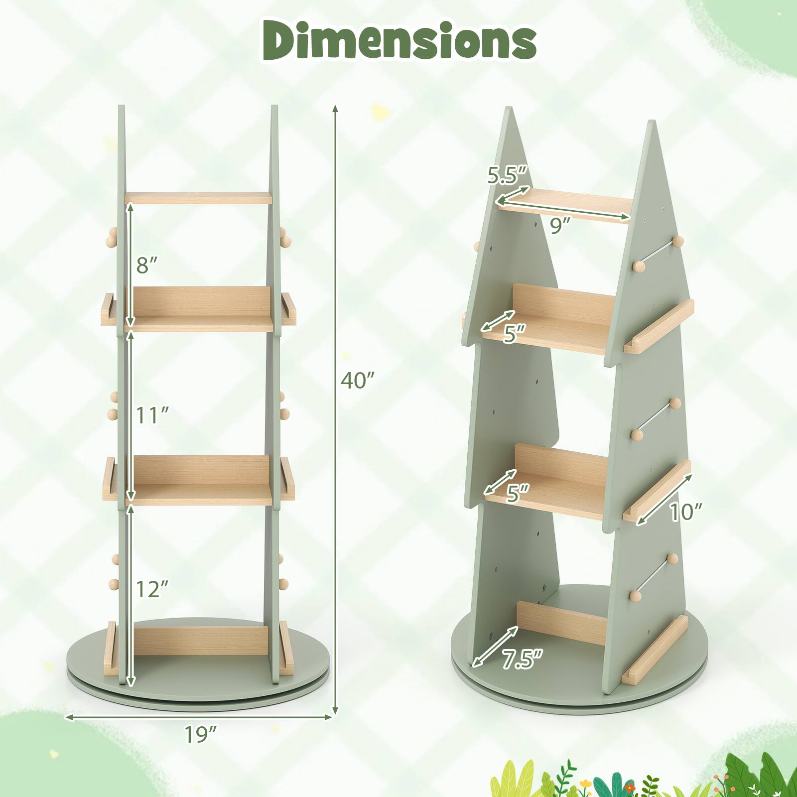 Dimensions

- 5.5" x 9"
- 8"
- 11"
- 12"
- 40"
- 19"

- 5.5" x 9"
- 5"
- 5"
- 10"
- 7.5"