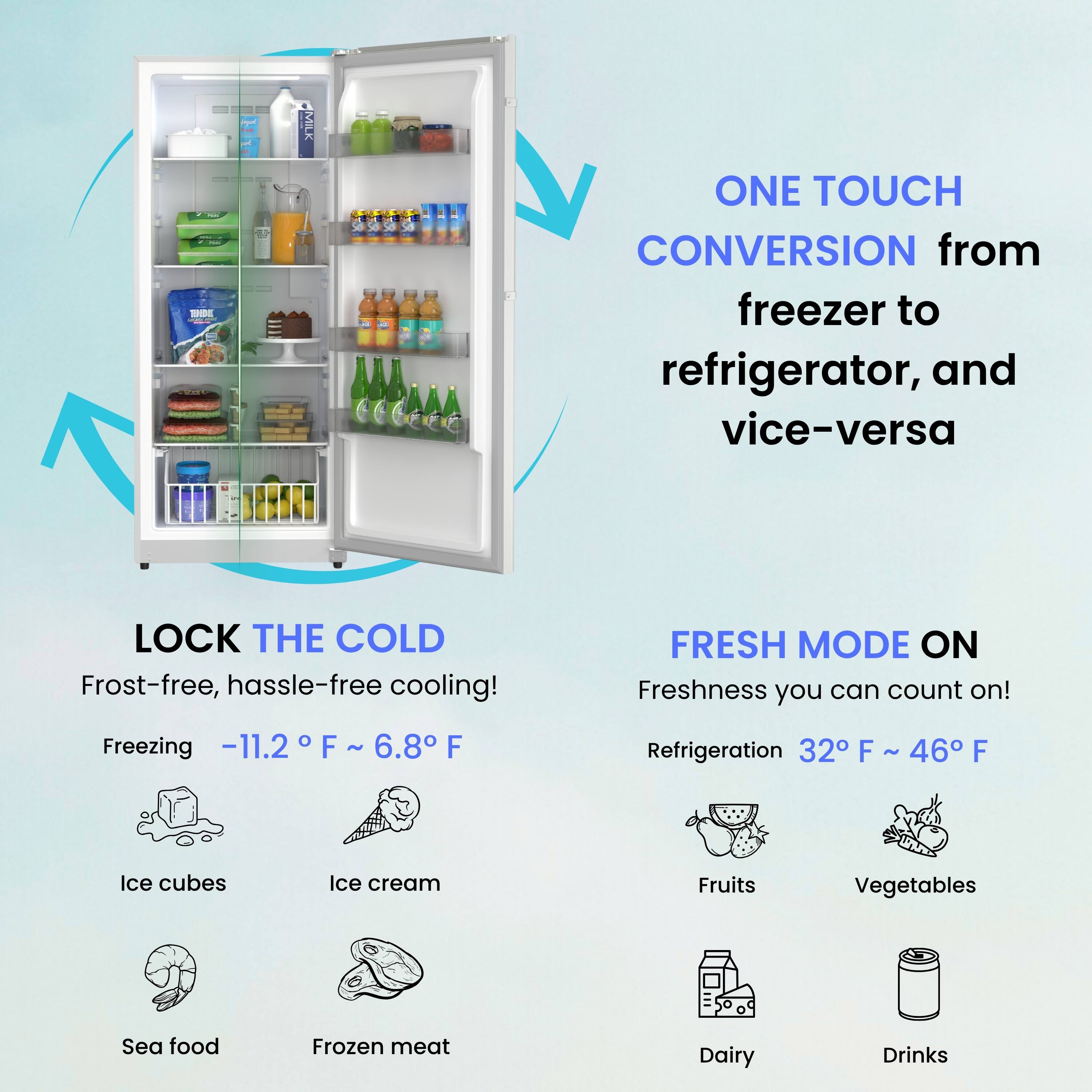 ONE TOUCH CONVERSION from freezer to refrigerator, and vice-versa

LOCK THE COLD
Frost-free, hassle-free cooling!
Freezing -11.2°F ~ 6.8°F
- Ice cubes
- Ice cream
- Sea food
- Frozen meat

FRESH MODE ON
Freshness you can count on!
Refrigeration 32°F ~ 46°F
- Fruits
- Vegetables
- Dairy
- Drinks