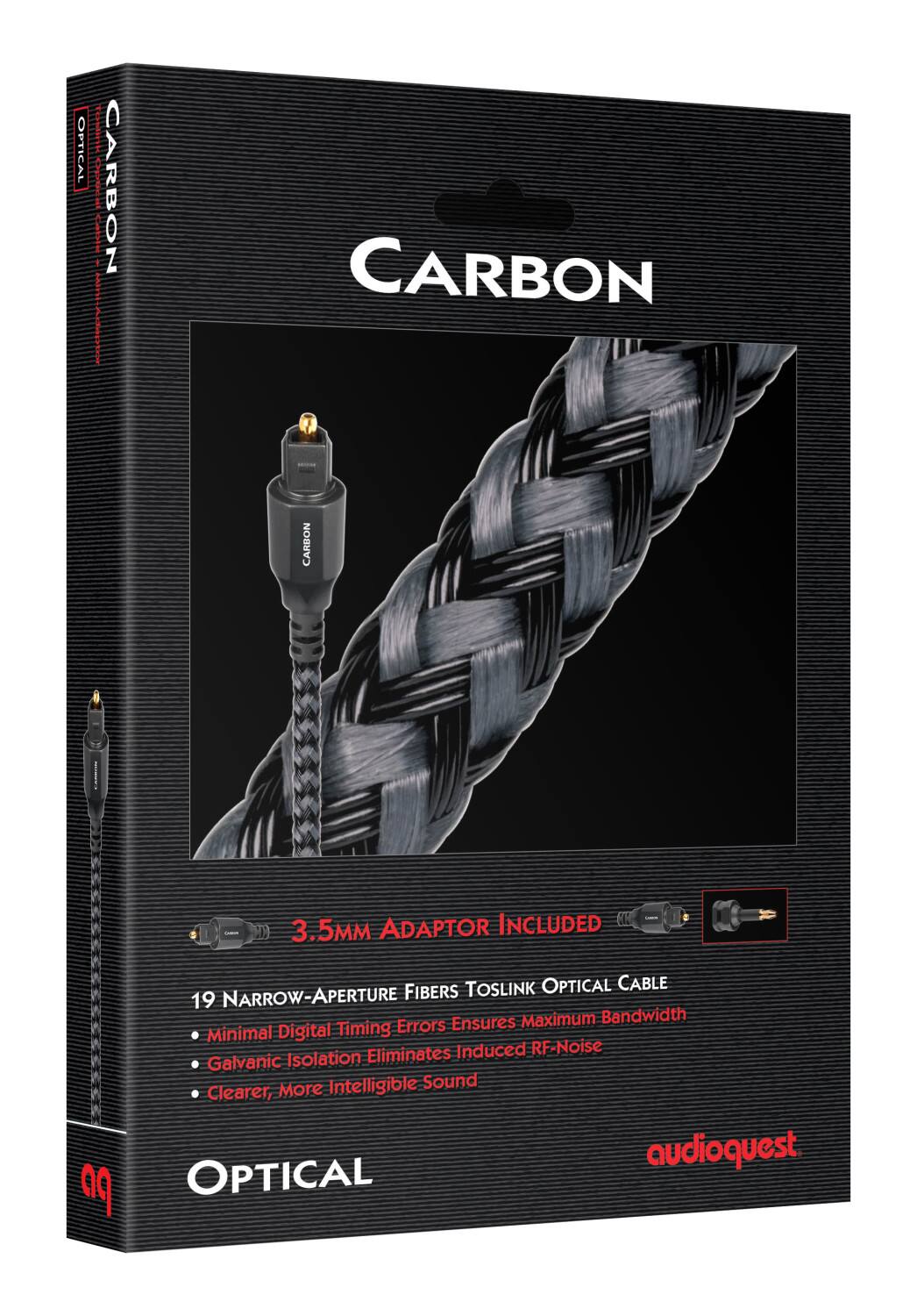 Optical Carbon - 3.5mm Adaptor Included Fibers Toslink Optical Cable 19 Narrow-Aperture Ensures Maximum Bandwidth Minimal Digital Timing Errors Eliminates Induced RF Noise Galvanic Isolation More Intelligible Sound Clearer, Optical Audioquest.