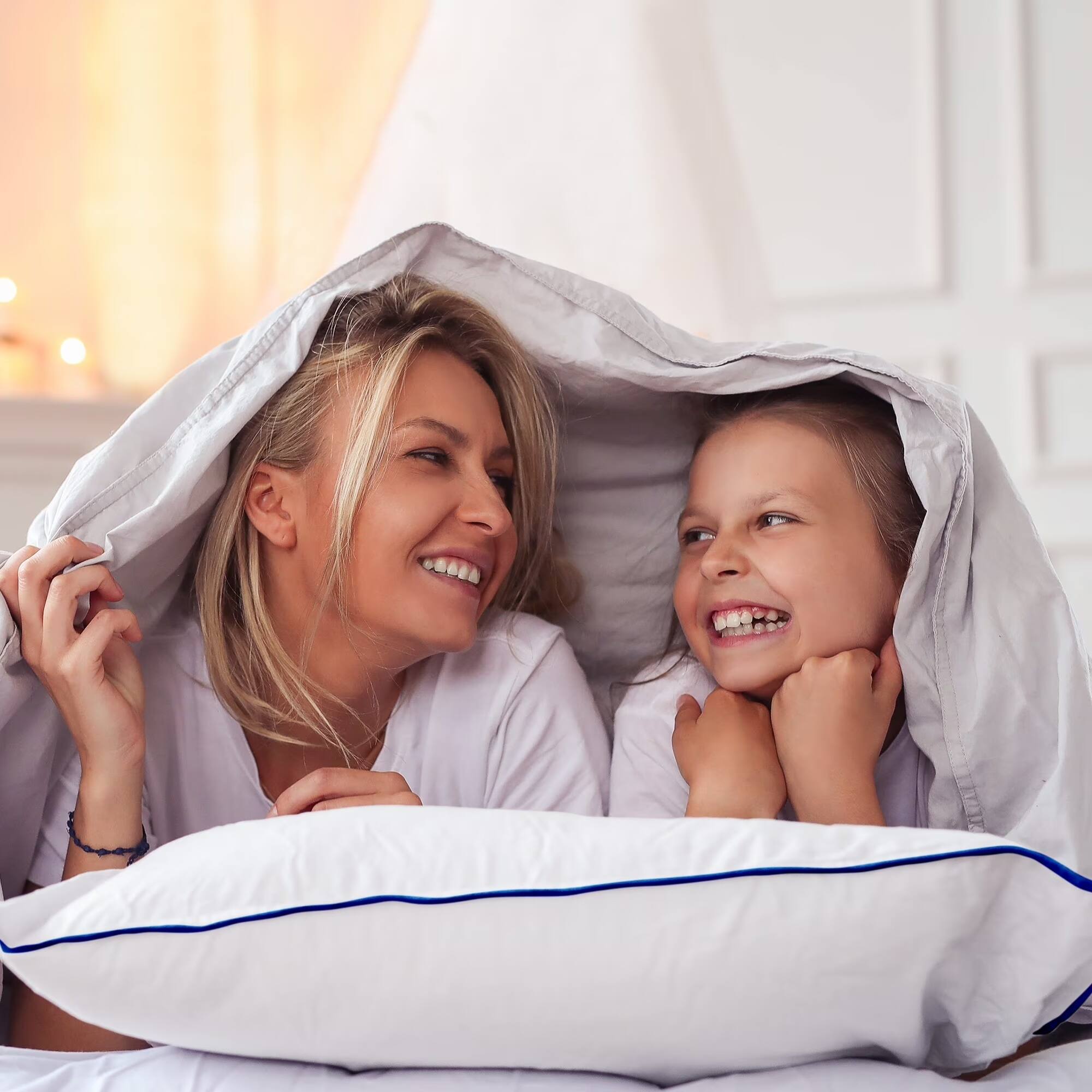 Left. Peace Nest - Peace Nest Goose Feather Bed Pillows with Navy Piping Set of 2, Standard - White.