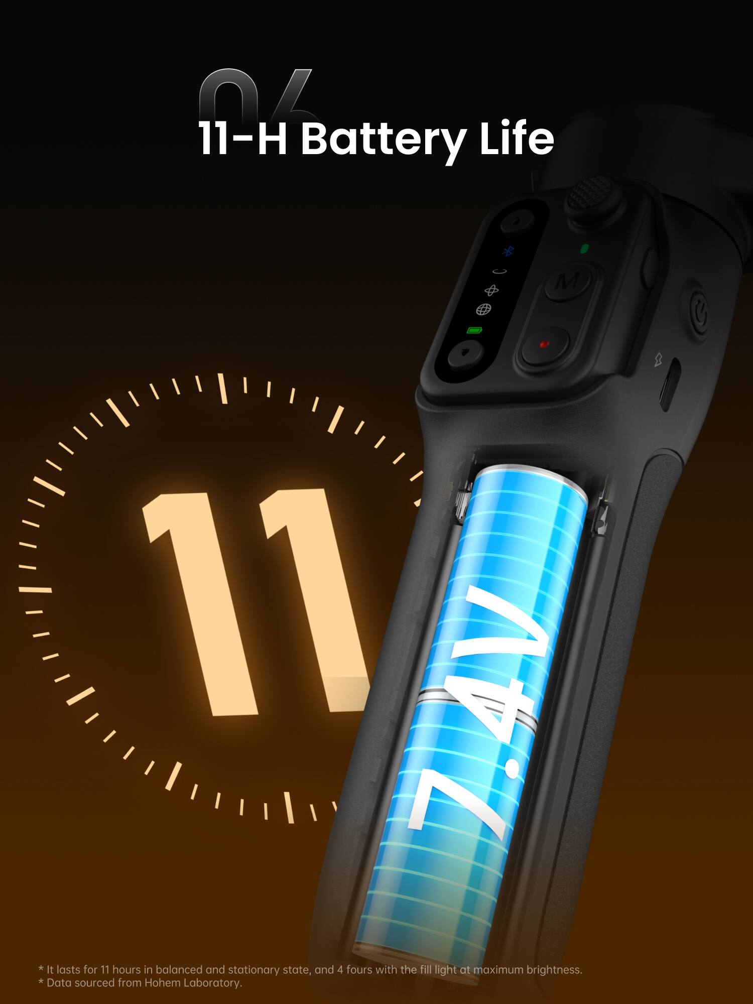 11-H Battery Life

* It lasts for 11 hours in balanced and stationary state, and 4 hours with the fill light at maximum brightness.
* Data sourced from Hohem Laboratory.