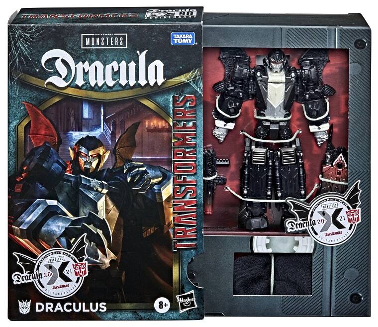 Sure, here is the corrected and grouped text from the image:

---

**Transformers 35th Anniversary**

**Universal Monsters**

**Dracula**

**Transformers**

**Dracula 20**

**21**

**Draculus**

**8+**

**Takara Tomy**

**Hasbro**

**Dracula 20**

**Transformers**

**21**

**Draculus**

**8+**

---

This text is grouped based on the visible elements and logos on the packaging.