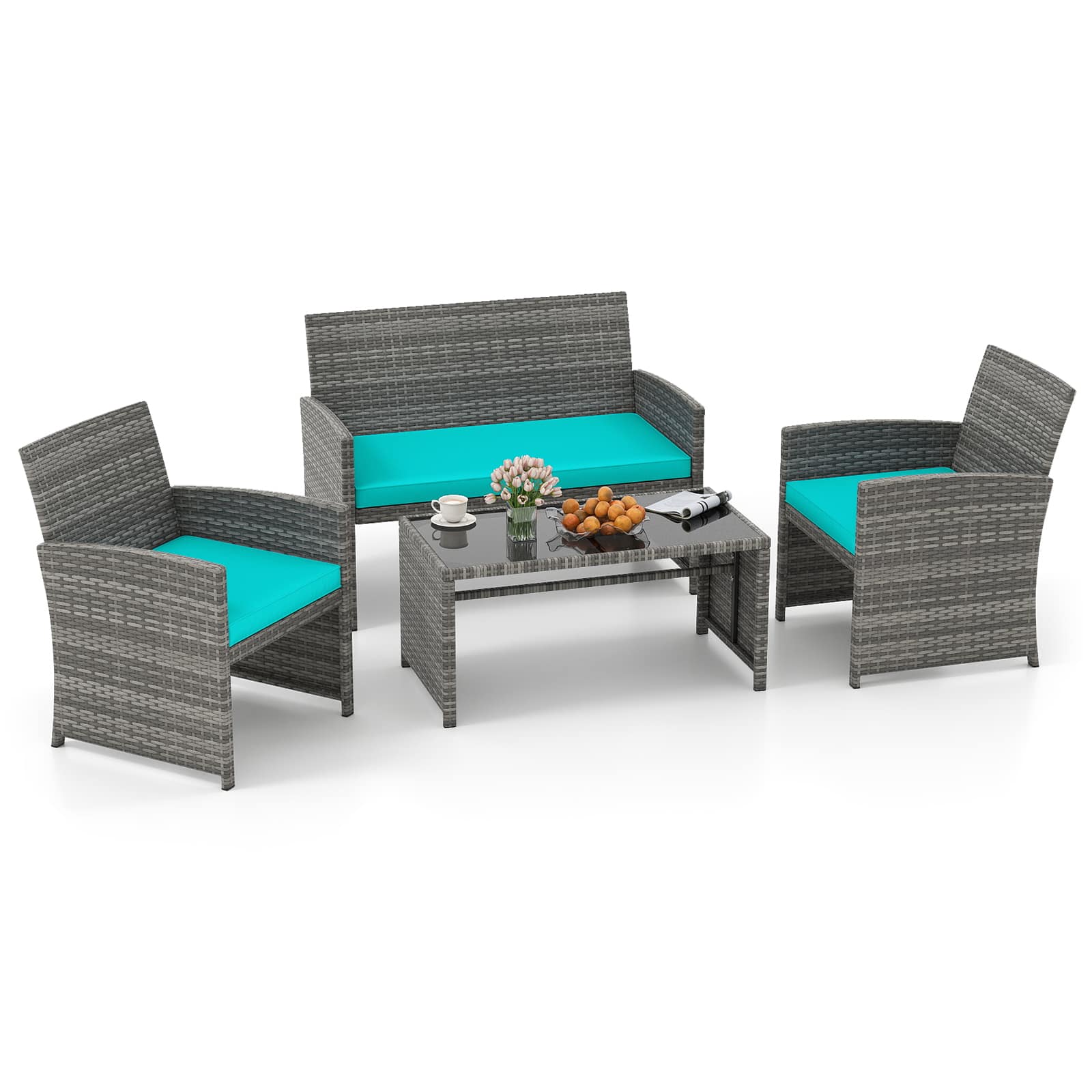 Gymax - 4PCS Patio Outdoor Conversation Set w/Seat Cushions & Tempered Glass Tabletop Tuurquoise - Turquoise
