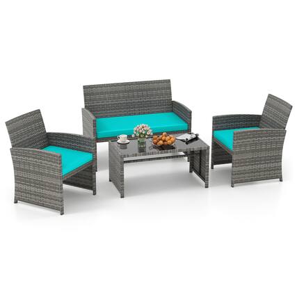 Front. Gymax - Gymax 4PCS Patio Outdoor Conversation Set w/Seat Cushions & Tempered Glass Tabletop Tuurquoise - Turquoise.