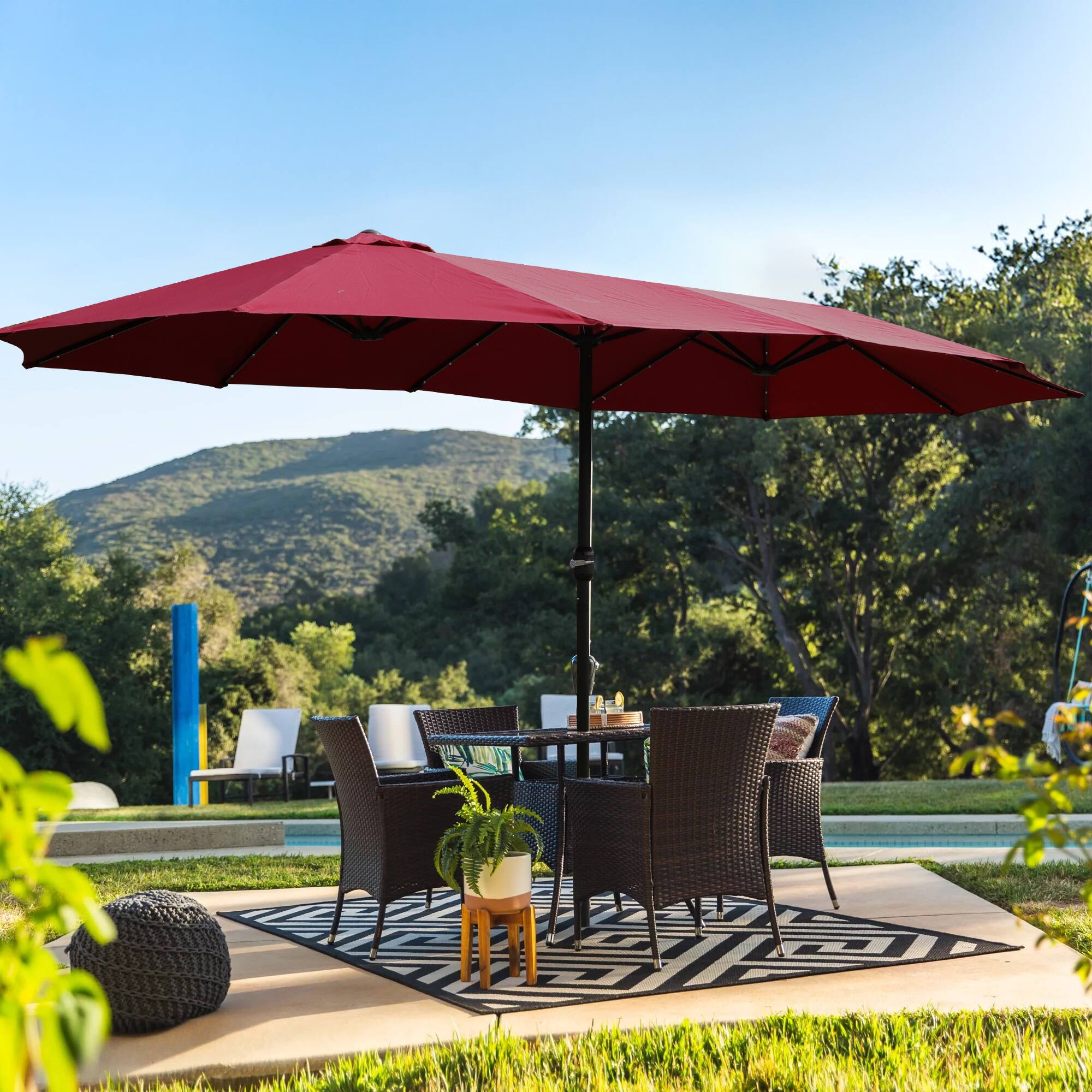 Alt View 1. Ecooso - 15x9ft Large Double-Sided Rectangular Outdoor Twin Patio Market Umbrella with light and base - Red.