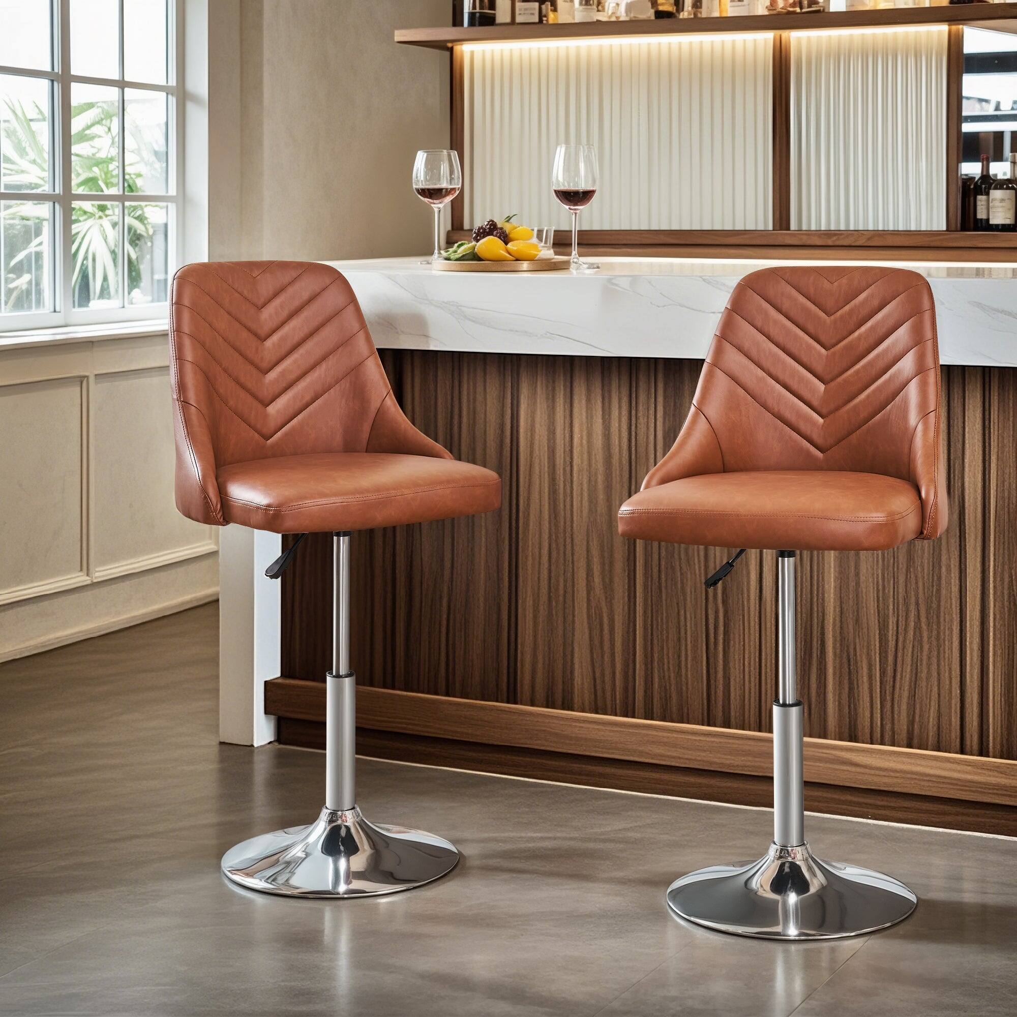 Alt View 2. Vecelo - Set of 4 360° Swivel Adjustable Height Bar Stool - PU Leather Counter Stool with Backrest, Modern Kitchen Bar Stool - Brown.