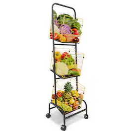 Malletson - 360° Rotating Storage Basket Cart, Wire Market Basket Food Storage Stand with Wheels, Vegetable Pantry Basket - Black