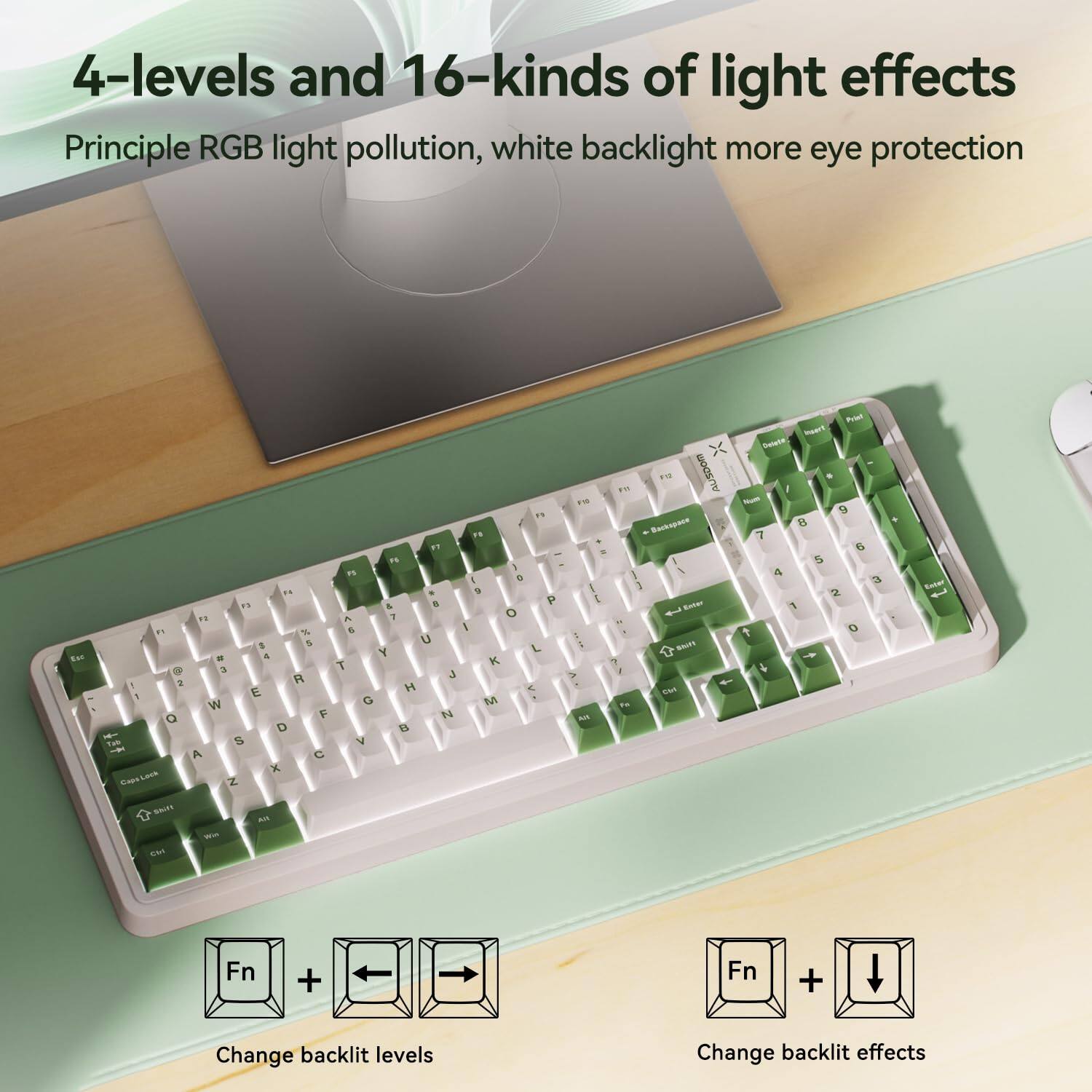 4-levels and 16-kinds of light effects  
Principle RGB light pollution, white backlight more eye protection  

Fn + ← → Change backlit levels  
Fn + ↓ Change backlit effects