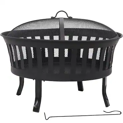 Front. Sunnydaze - 25 in Steel Wood-Burning Fire Pit with Mesh Stripe Cutouts - Black.