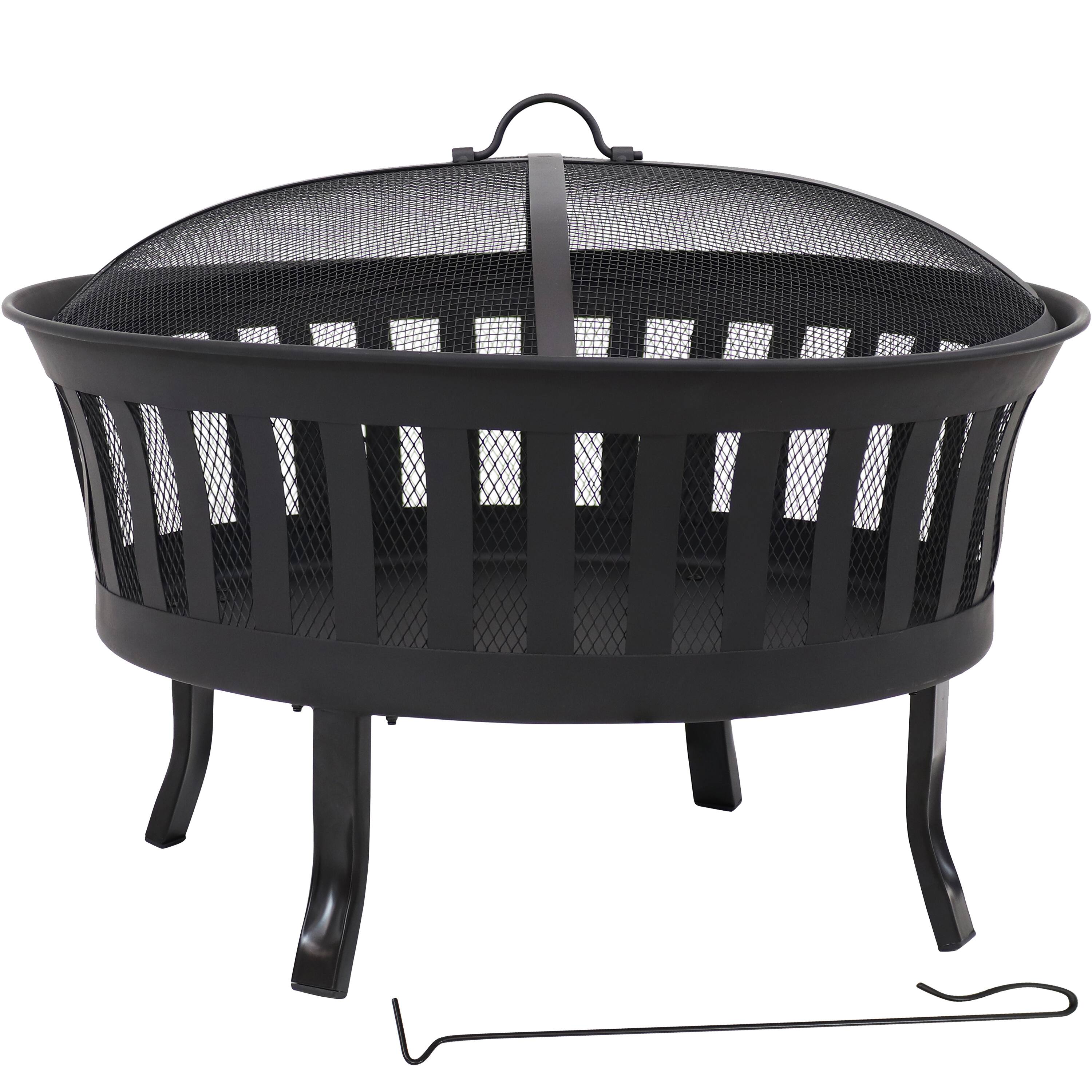 Front. Sunnydaze - 25 in Steel Wood-Burning Fire Pit with Mesh Stripe Cutouts - Black.