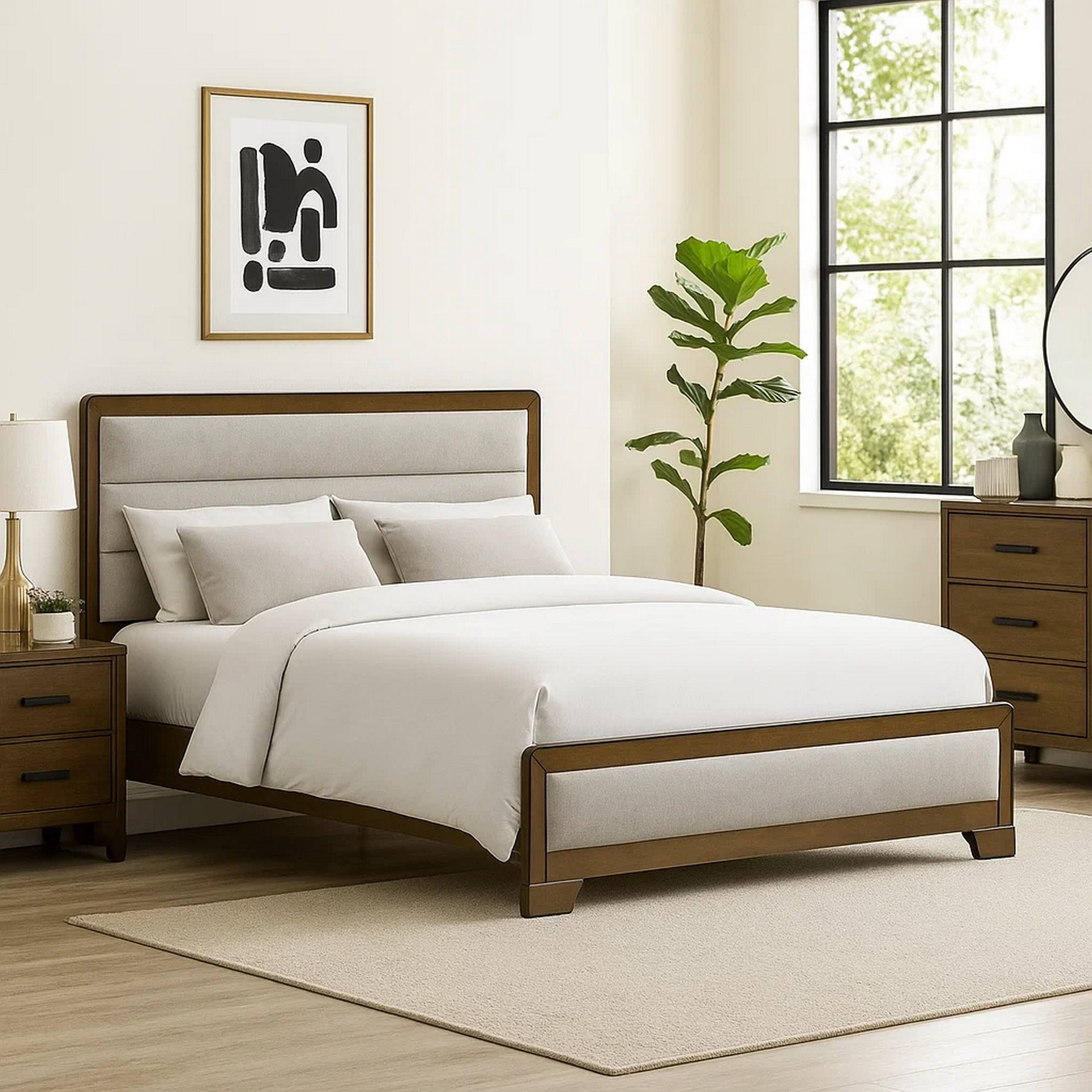 Alt View 6. Manhattan Lane - Cair Queen Bed, Channel Tufted Light Gray Fabric Upholstered - Brown, Light Gray.
