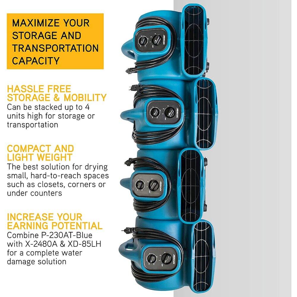 MAXIMIZE YOUR STORAGE AND TRANSPORTATION CAPACITY

HASSLE FREE STORAGE & MOBILITY  
Can be stacked up to 4 units high for storage or transportation

COMPACT AND LIGHT WEIGHT  
The best solution for drying small, hard-to-reach spaces such as closets, corners or under counters

INCREASE YOUR EARNING POTENTIAL  
Combine P-230AT-Blue with X-2480A & XD-85LH for a complete water damage solution