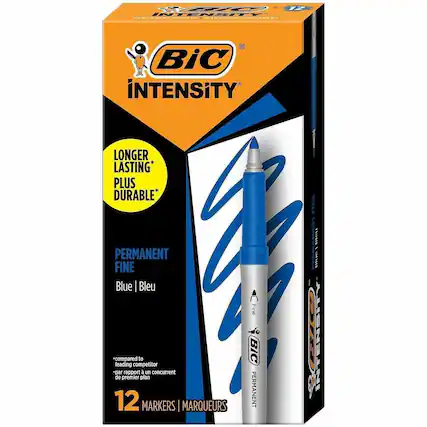 12 INTENSITY PESSINI- | ...O.CRm FECNAEI-
BiC INTENSITY LONGER LASTING* PLUS DURABLE* PERMANENT BIC FINE Blue | Bleu A Fine *compared leading competitor to BiC *par rapport à un concurrent de premier plan
12 MARKERS | MARQUEURS PERMANENT SEL