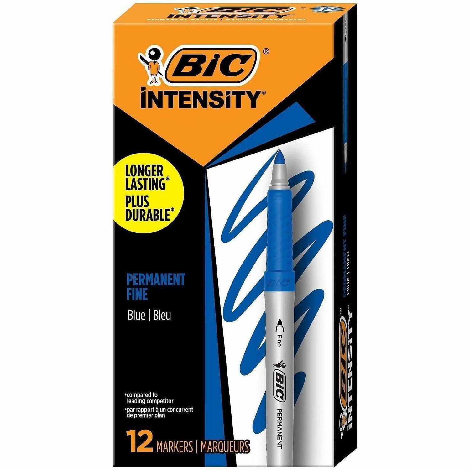 12 INTENSITY PESSINI- | ...O.CRm FECNAEI-  
BiC INTENSITY LONGER LASTING* PLUS DURABLE* PERMANENT BIC FINE Blue | Bleu A Fine *compared leading competitor to BiC *par rapport à un concurrent de premier plan  
12 MARKERS | MARQUEURS PERMANENT SEL