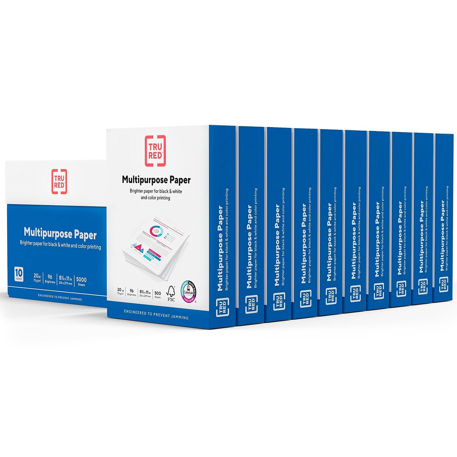 TruRed - TRU RED™ 8.5" x 11" Multipurpose Paper, 20 lbs., 96 Brightness, 500 Sheets/Ream, 10 Reams/Carton (TR56962) - White