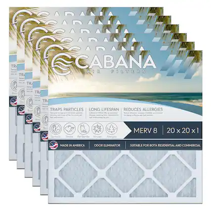 **CABANA AIR FILTERS**
- **TRAP PARTICLES**
- Designed to trap even the tiniest particles, Cabana Air Filters are free from dust, pet hair, and dander.
- **LONG LIFESPAN**
- Cabana Air Filters offer extended life for fewer replacements and more savings for you.
- **REDUCES ALLERGIES**
- Reduces allergens, creating a healthier environment for allergy sufferers and their families.
- **MERV 8**
- 20 x 20 x 1
- **MADE IN AMERICA**
- ODOR ELIMINATOR
- SUITABLE FOR BOTH RESIDENTIAL AND COMMERCIAL
- **Bacteria**
- **Smoke**
- **Pet Dander**
- **Viruses**
- **Allergies**