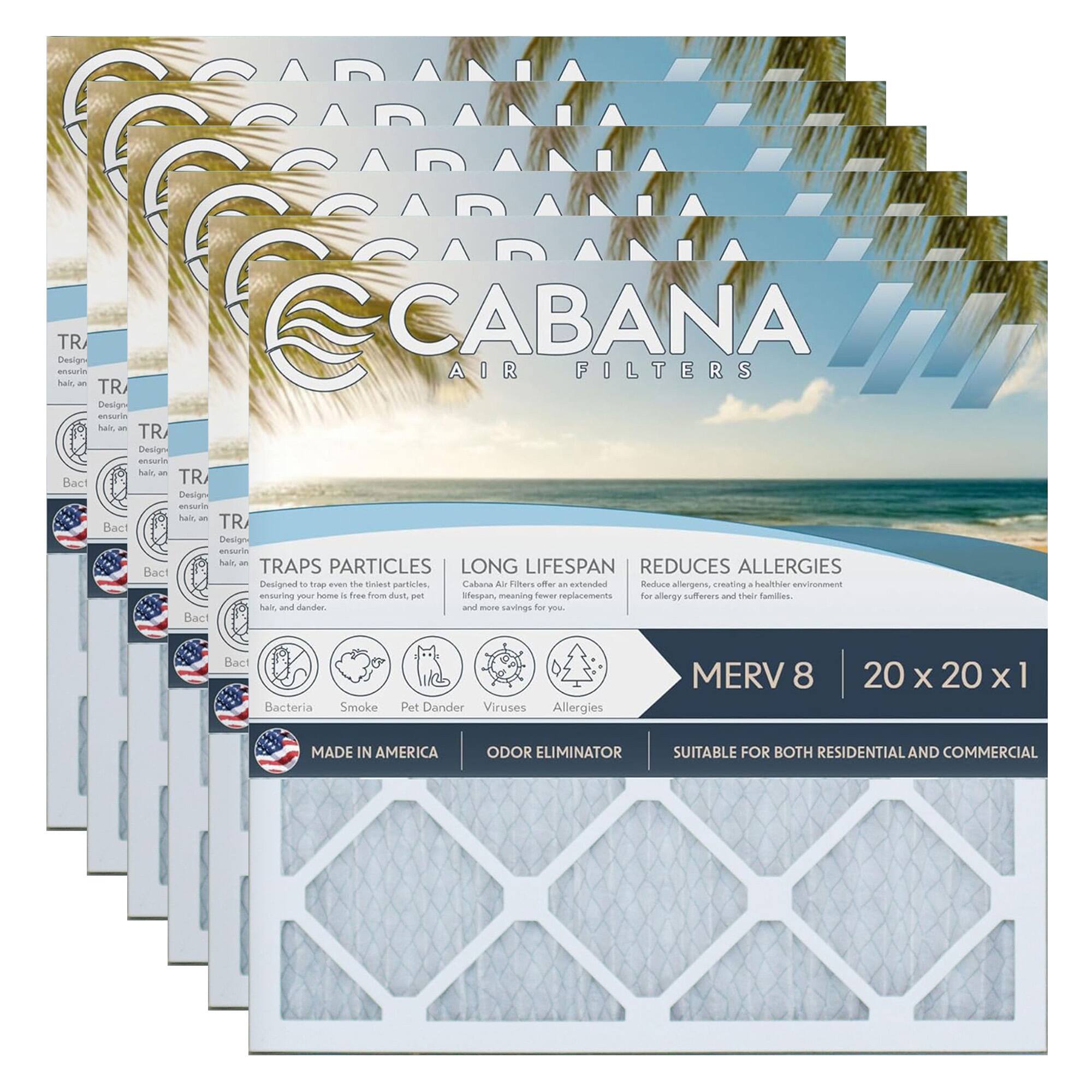 **CABANA AIR FILTERS**

- **TRAP PARTICLES**
  - Designed to trap even the tiniest particles, Cabana Air Filters are free from dust, pet hair, and dander.

- **LONG LIFESPAN**
  - Cabana Air Filters offer extended life for fewer replacements and more savings for you.

- **REDUCES ALLERGIES**
  - Reduces allergens, creating a healthier environment for allergy sufferers and their families.

- **MERV 8**
  - 20 x 20 x 1

- **MADE IN AMERICA**
  - ODOR ELIMINATOR
  - SUITABLE FOR BOTH RESIDENTIAL AND COMMERCIAL

- **Bacteria**
- **Smoke**
- **Pet Dander**
- **Viruses**
- **Allergies**