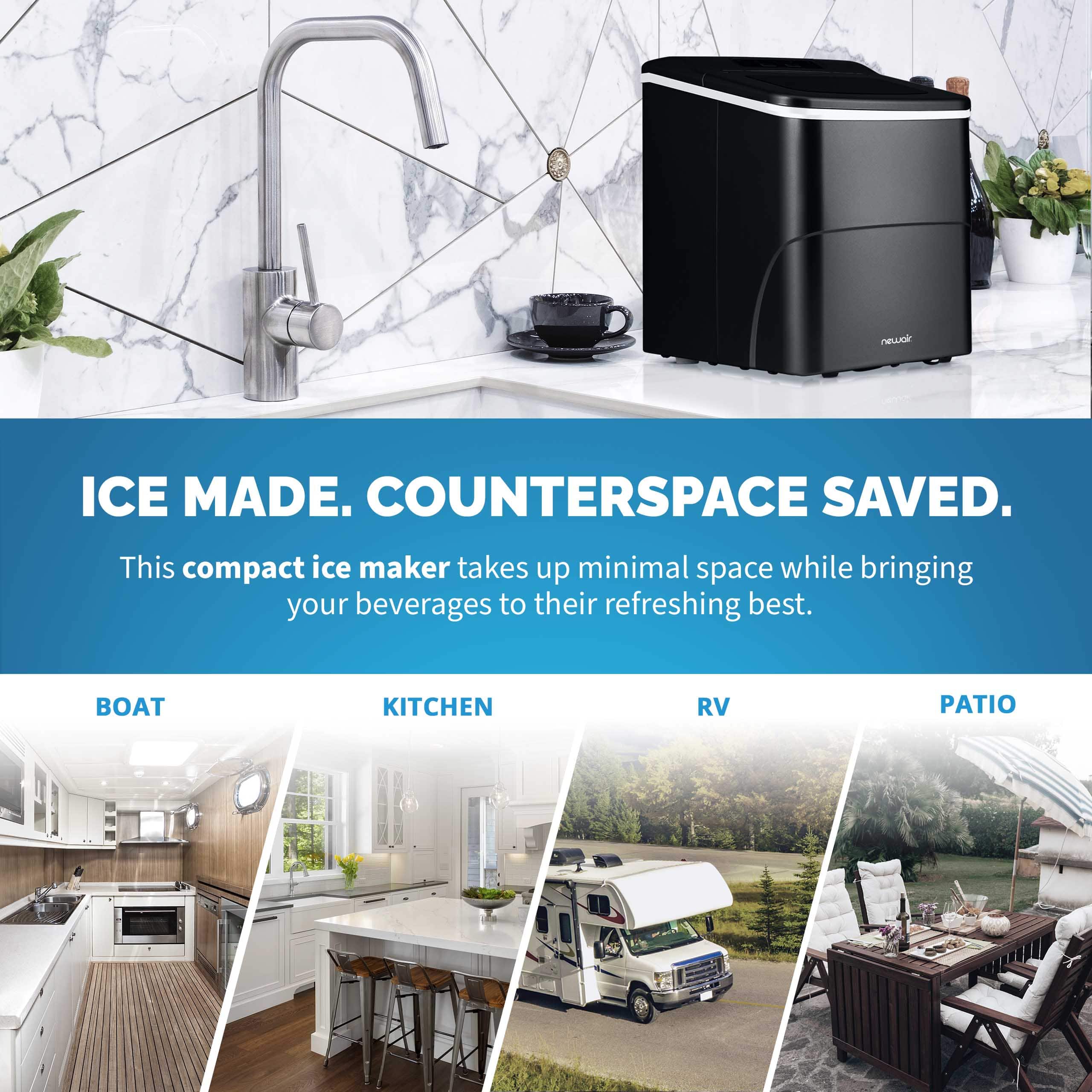 New ice made. Counterspace saved. This compact ice maker takes up minimal space while bringing your beverages to their refreshing best. Boat, kitchen, RV, patio.