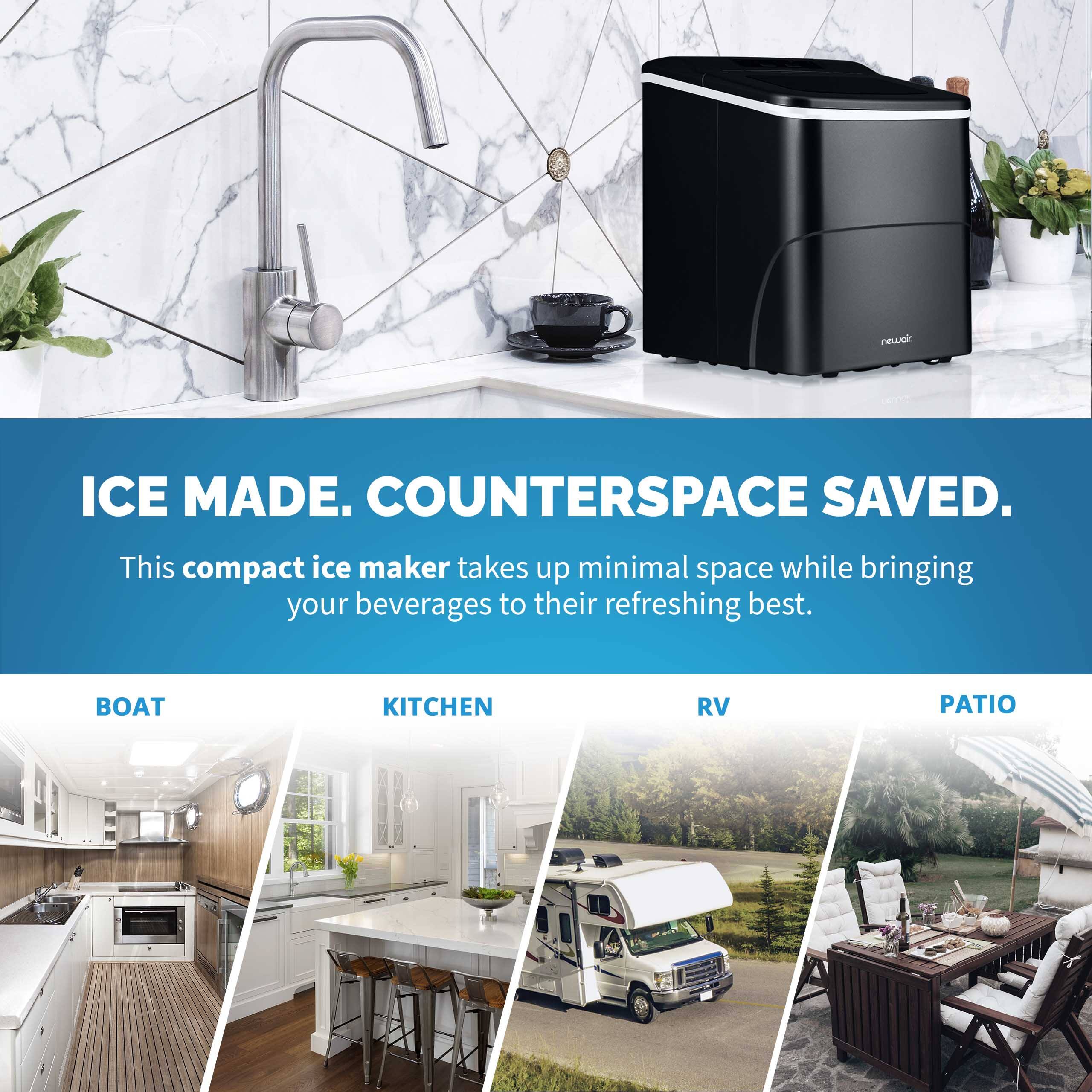 New ice made. Counterspace saved. This compact ice maker takes up minimal space while bringing your beverages to their refreshing best. Boat, kitchen, RV, patio.