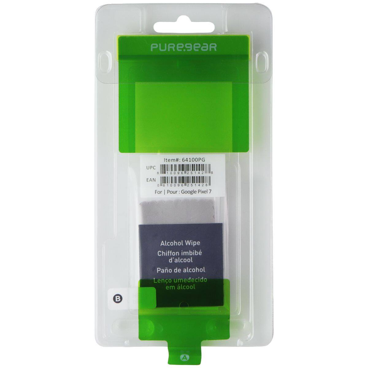 PUREgeaR Item#: 64100PG  
UPC: 8 10096 25142 6  
EAN: 0 810096 251426  

For | Pour: Google Pixel 7  

Alcohol Wipe  
Chiffon imbibé d'alcool  
Pano de alcohol  
Lenço umedecido em álcool