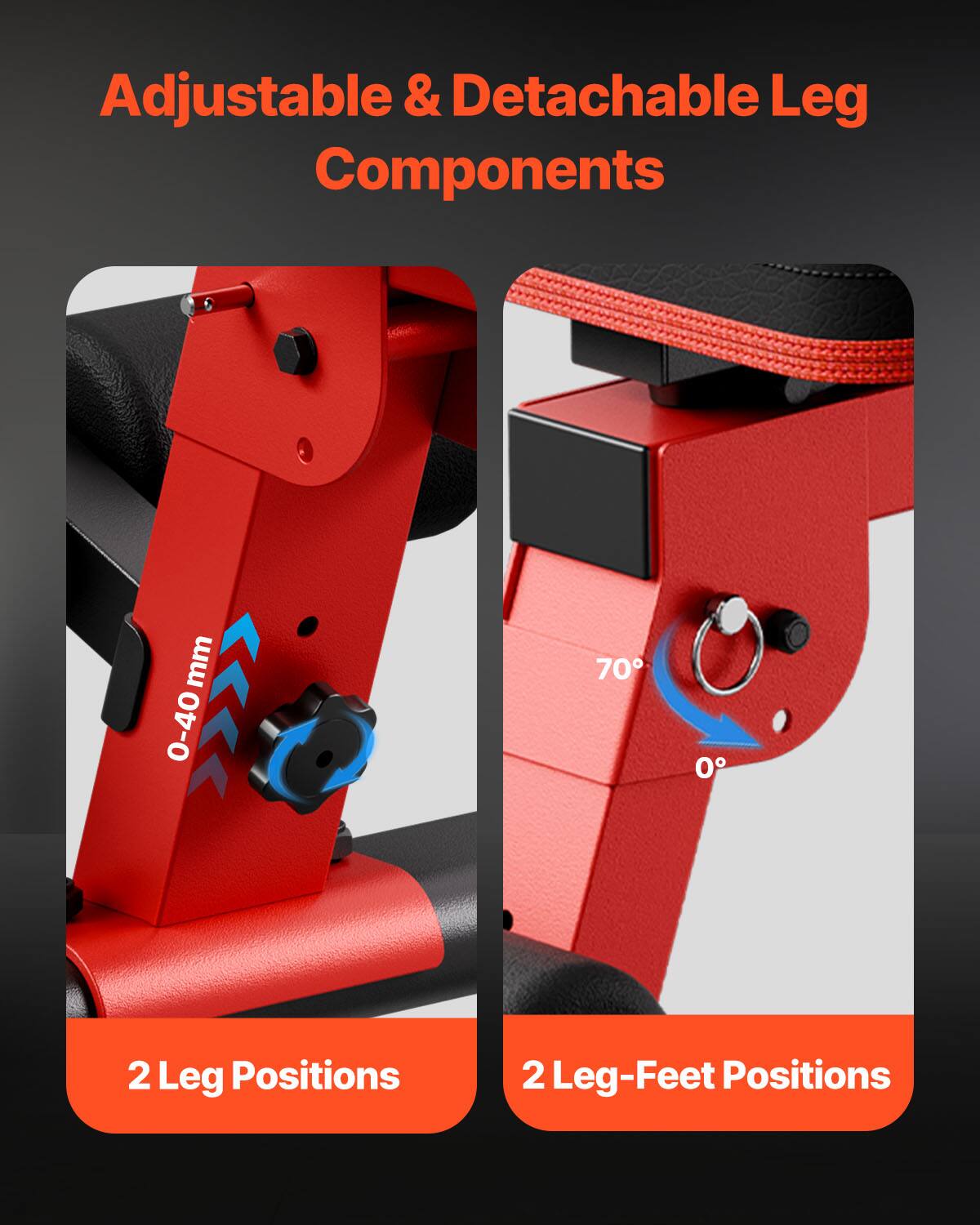 Adjustable & Detachable Leg Components

0-40 mm

2 Leg Positions

70°

0°

2 Leg-Feet Positions