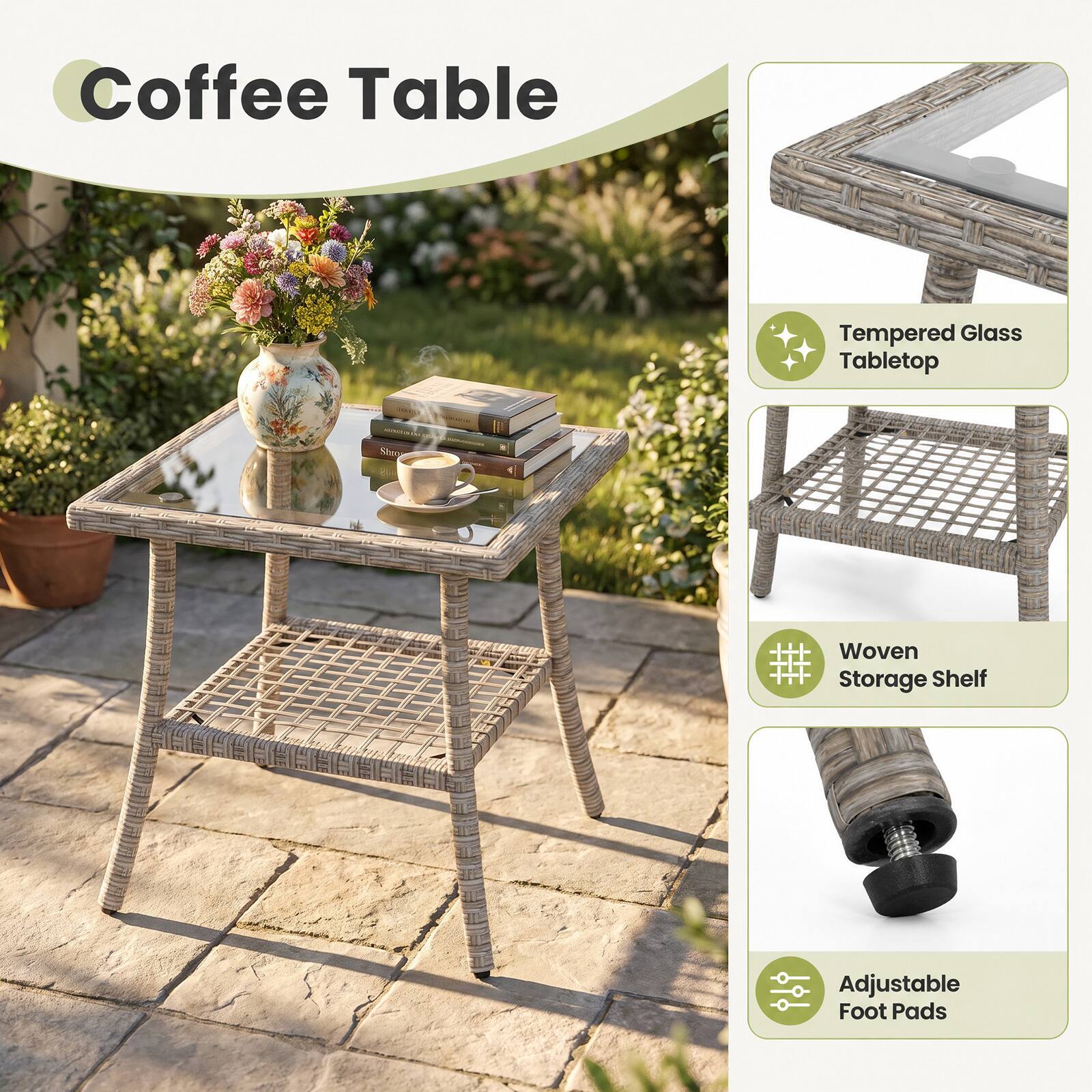 Coffee Table

- Tempered Glass Tabletop
- Woven Storage Shelf
- Adjustable Foot Pads