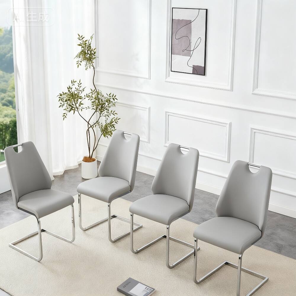 Back. Loheer - Loheer Light Gray Faux Leather Dining Chairs Set of 2, High Back Upholstered Chairs with Silver Ring - Light Gray.