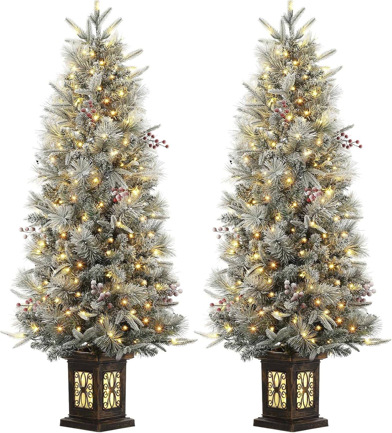 Front. GARVEE - 4.5ft Pre-Lit Christmas Tree 2-Pack, 100 LED with Potted Base & Red Berries - Green.