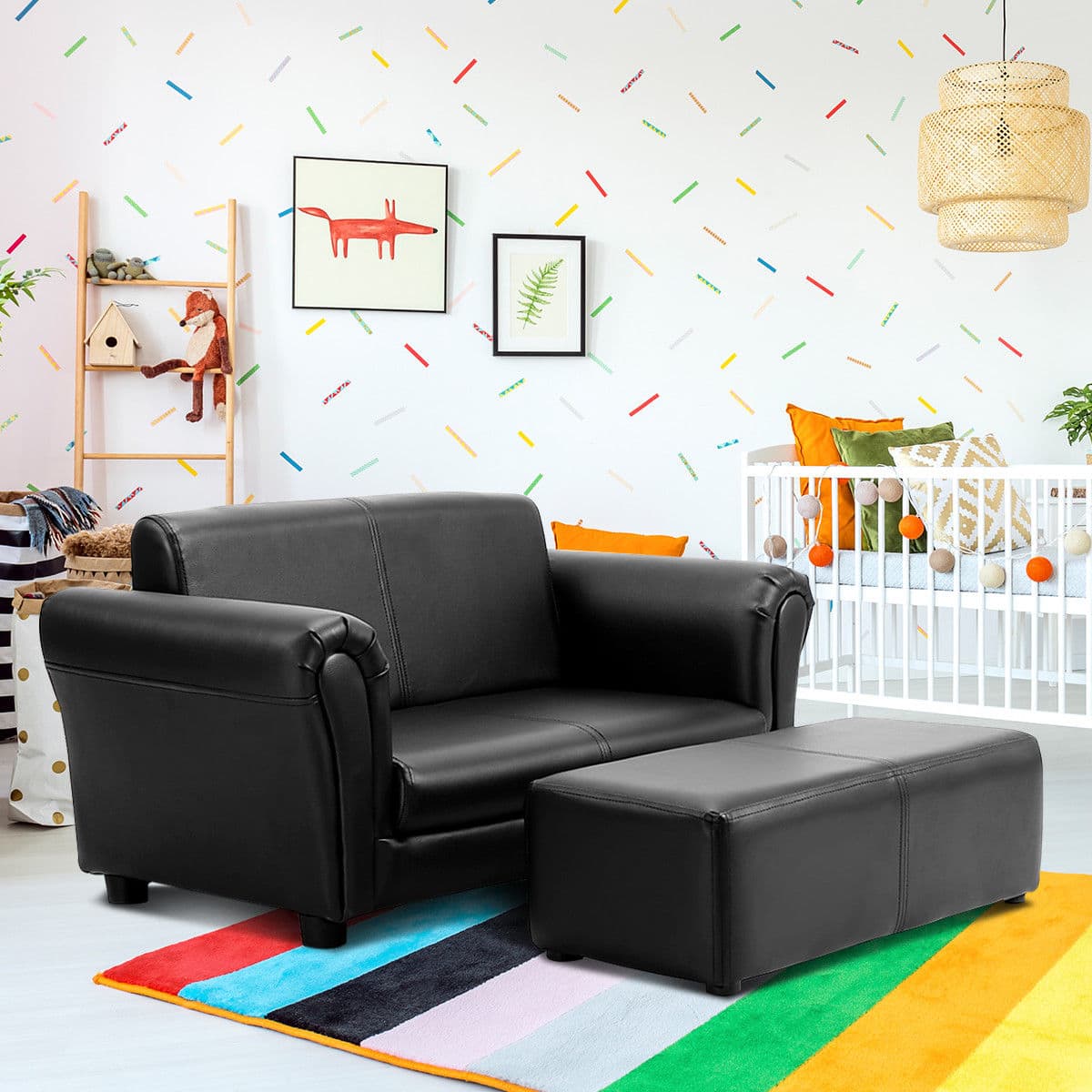 Costway - Black Kids Sofa Armrest Chair Couch Lounge Children Birthday Gift w/ Ottoman - Black