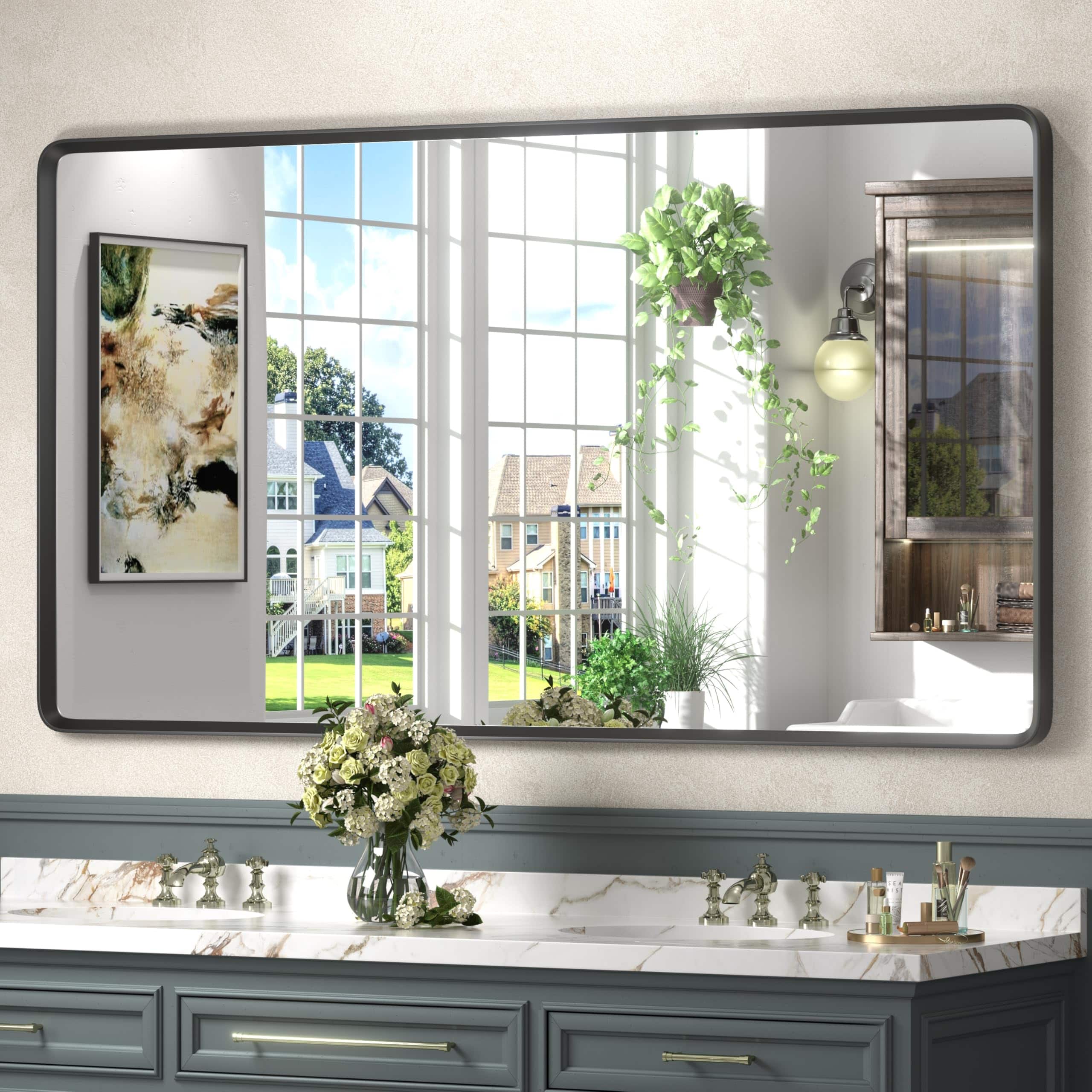 Cedar Assembly - Matte Framed Mirror For Bathroom Rounded Rectangle Vanity Wall Anti-rust Shatterproof horizontal vertical - Black-36"L x 32"W
