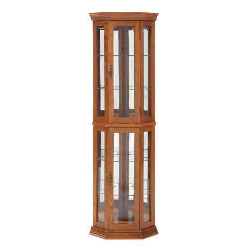 Alt View 3. LUCKY ONE - 15.35in Freestanding Corner Curio Cabinet with Tempered Glass Shelves LED Light for Bar Collectibles - Oak.