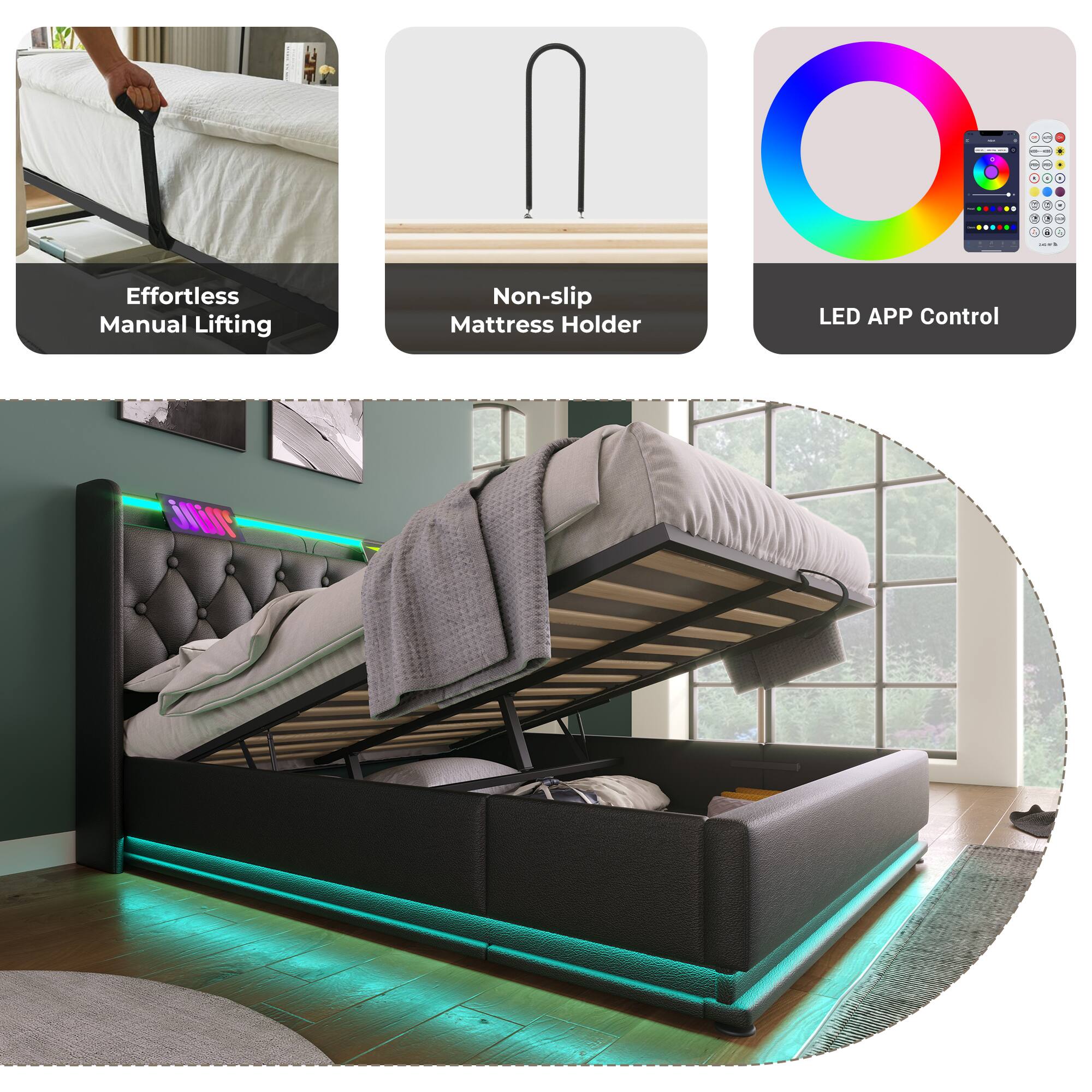 Effortless Manual Lifting  
Non-slip Mattress Holder  
LED APP Control