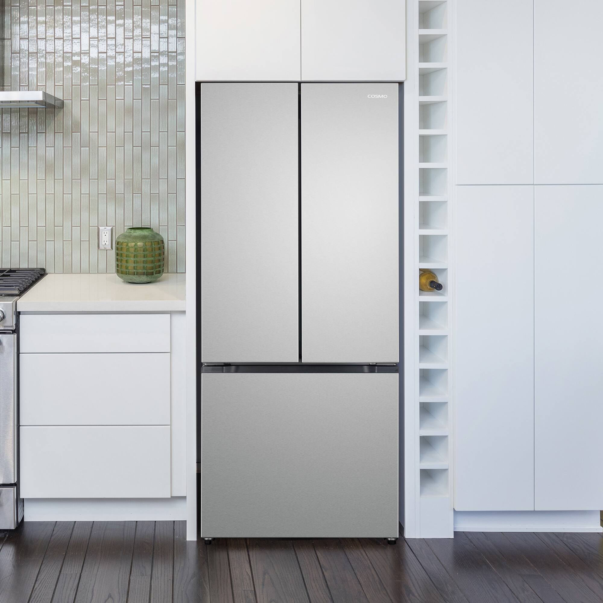 Angle. COSMO - COS-RFFV183RS 30 in. 17.5 cu. ft. Counter Depth 3-Door French Door Refrigerator,  Freezer Drawer and Recessed Handles - Stainless Steel.