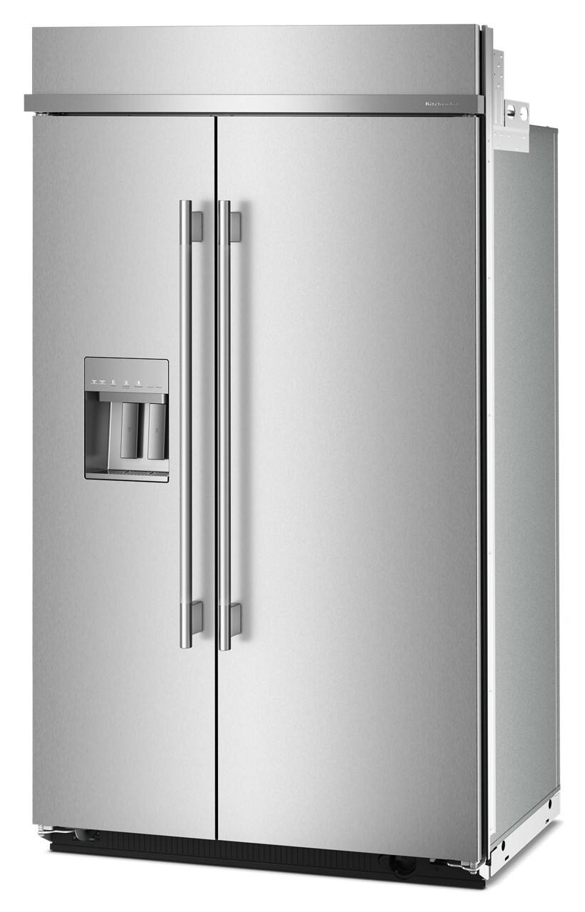 Left. KitchenAid - 29.4 Cu. Ft. Built-In Side-by-Side Refrigerator with Exterior Water and Ice Dispenser with Measured Fill - Stainless Steel with PrintShield Finish.