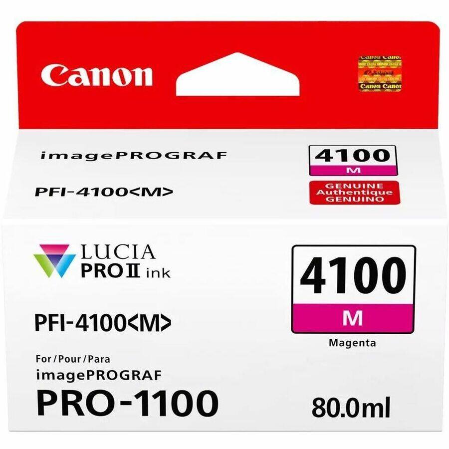Canon  
imagePROGRAF  
PFI-4100<M>  

LUCIA PRO II ink  
PFI-4100<M>  

For/Pour/Para imagePROGRAF PRO-1100  

4100 M  
GENUINE Authentique GENUINO  

80.0ml  

Magenta