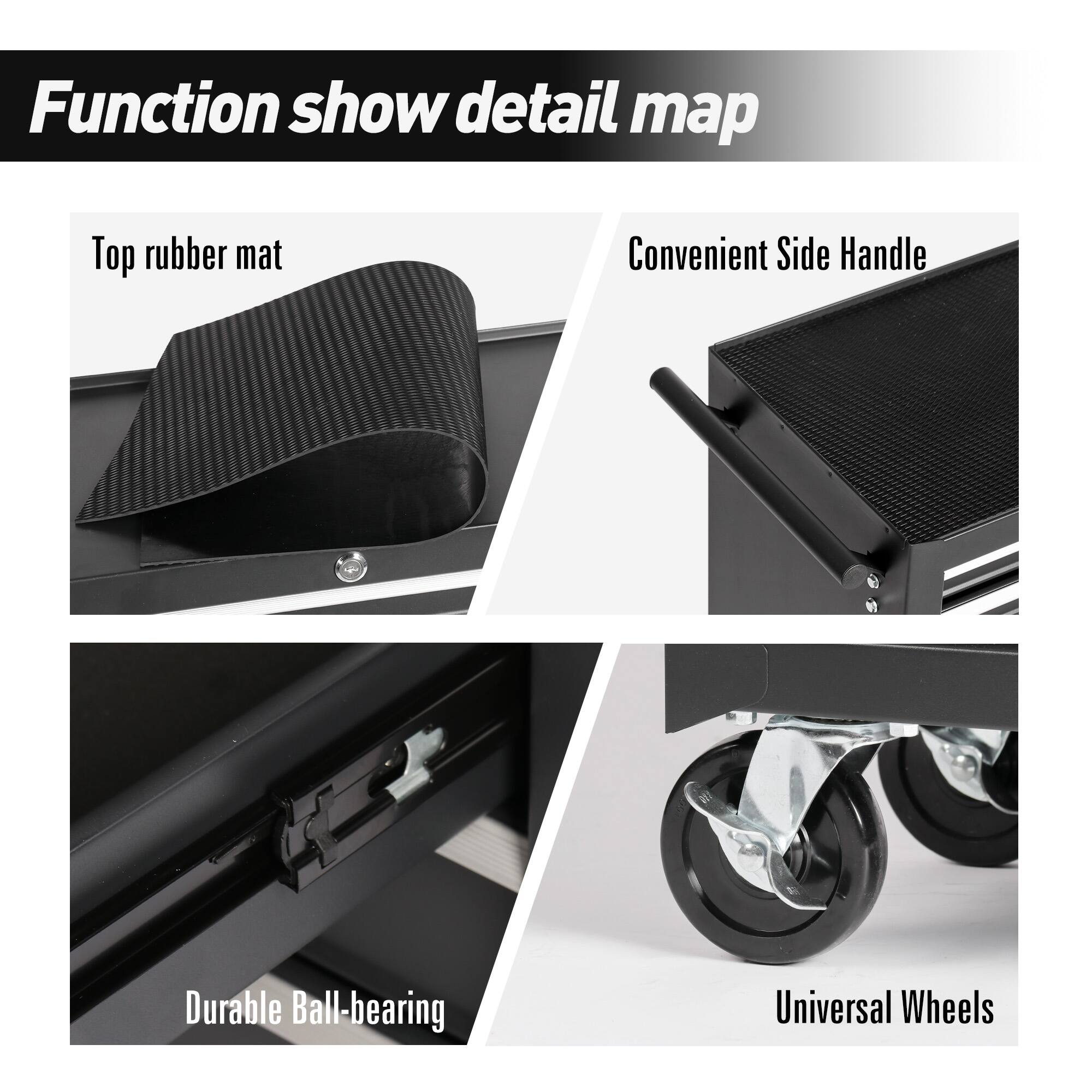 Function show detail map

- Top rubber mat
- Convenient Side Handle
- Durable Ball-bearing
- Universal Wheels