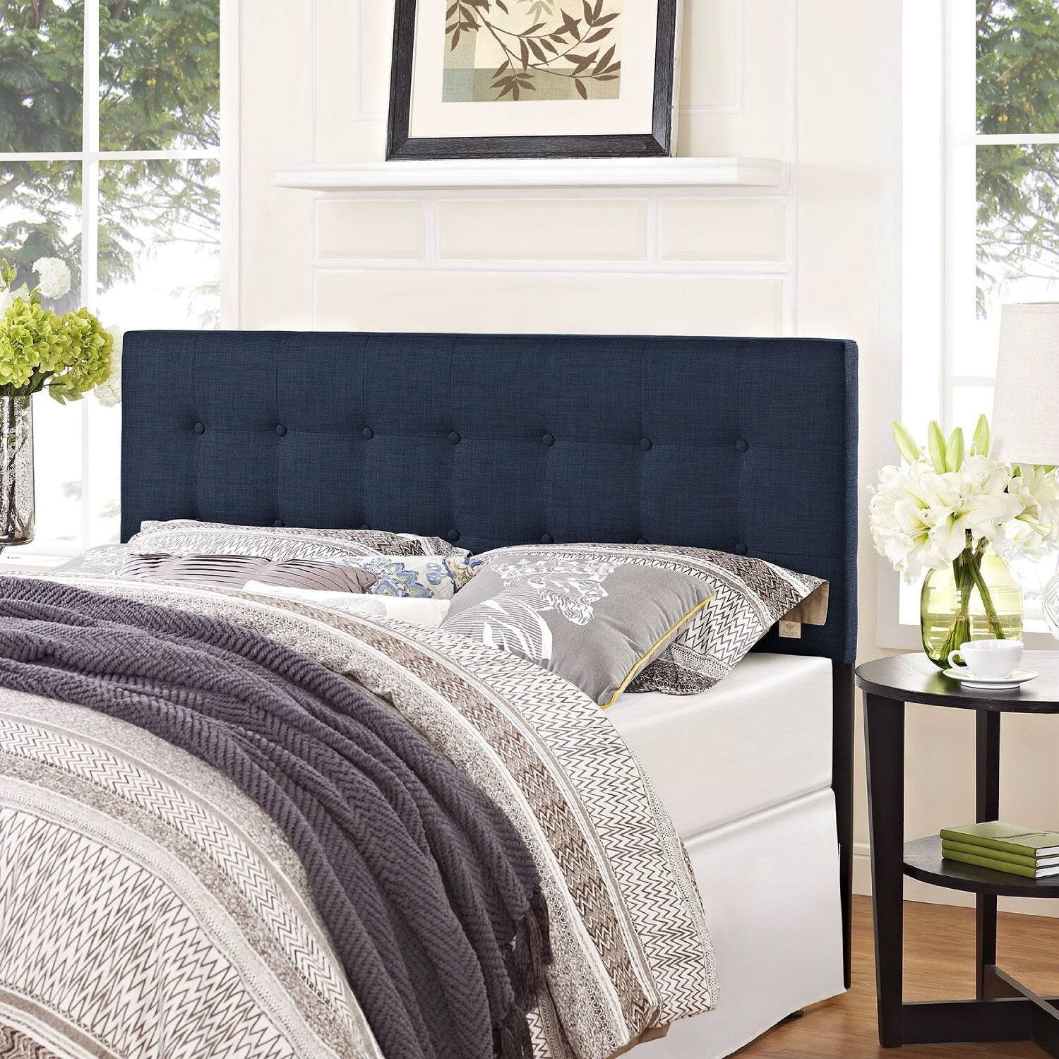 Left. Hivvago - Full size Navy Fabric Modern Upholstered Headboard - Blue.