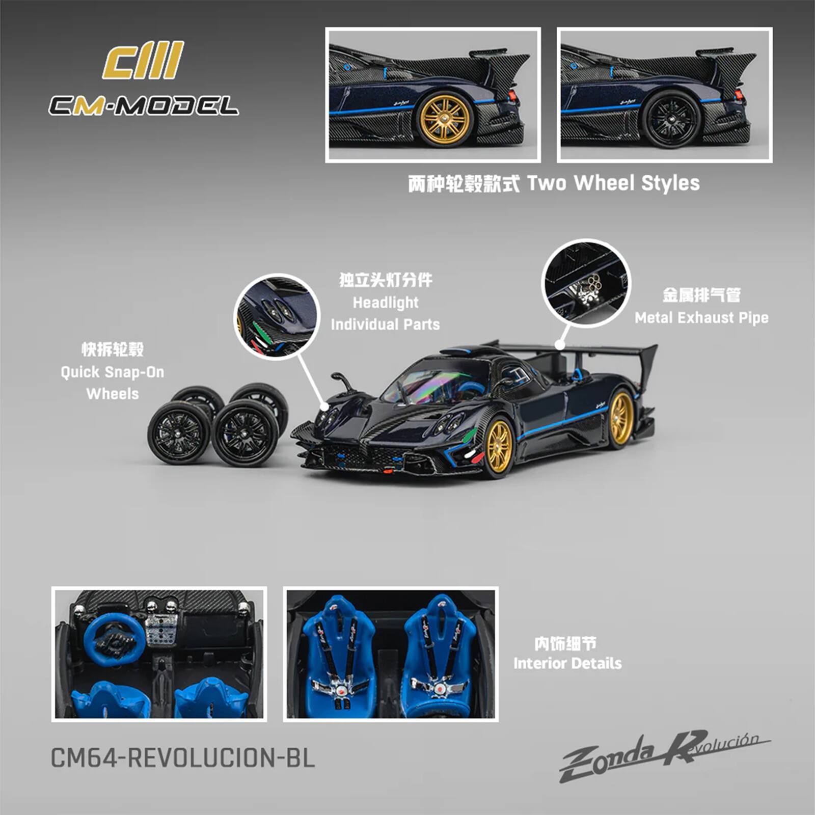 CIII CM-MODEL  
Two Wheel Styles  
Quick Snap-On Wheels  
Headlight Individual Parts  
Metal Exhaust Pipe  
Interior Details  
CM64-REVOLUCION-BL  
Zonda Revolución