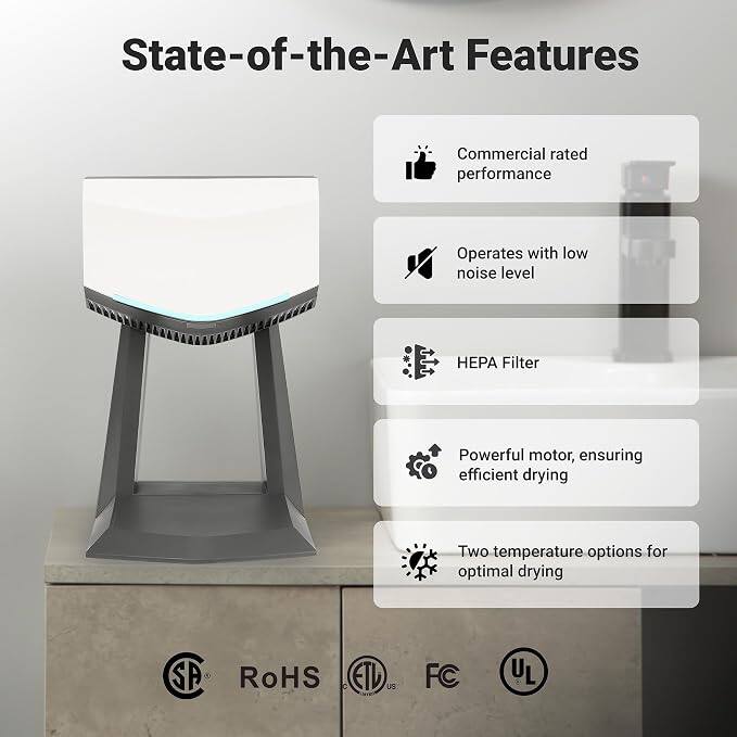 State-of-the-Art Features

- Commercial rated performance
- Operates with low noise level
- HEPA Filter
- Powerful motor, ensuring efficient drying
- Two temperature options for optimal drying

SA
RoHS C ETI US
FC
UL